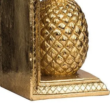 10 Inch Modern Bookends, Pineapple Decorative Statuette, Gold Resin By Casagear Home