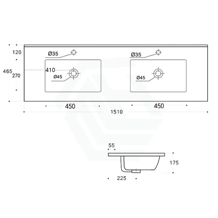 1510x465x175mm Ceramic Top for Bathroom Vanity Double Bowls Gloss White