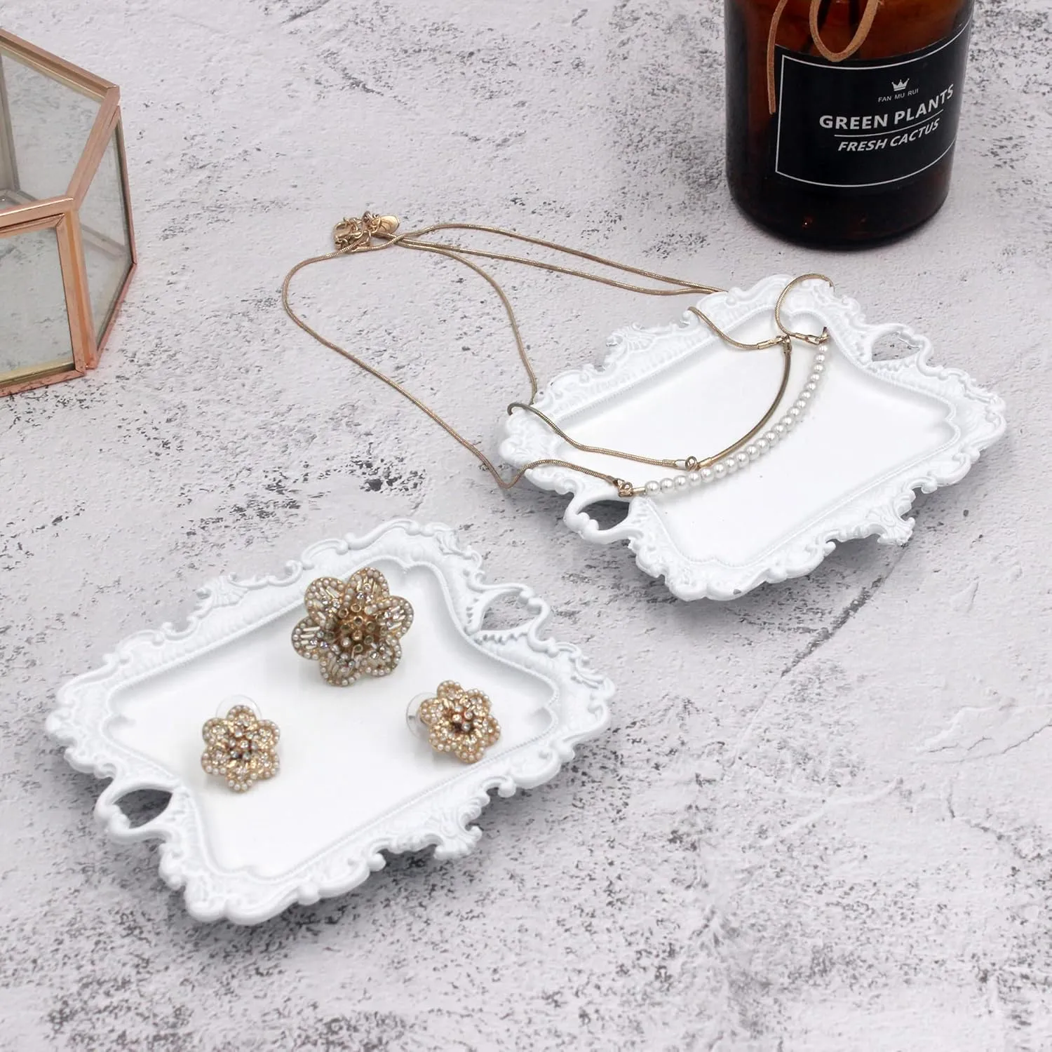 (2 PACK) Vintage Small White Ring Dish, Birthday & Wedding Gifts for WomenWedding Ring Tray - White