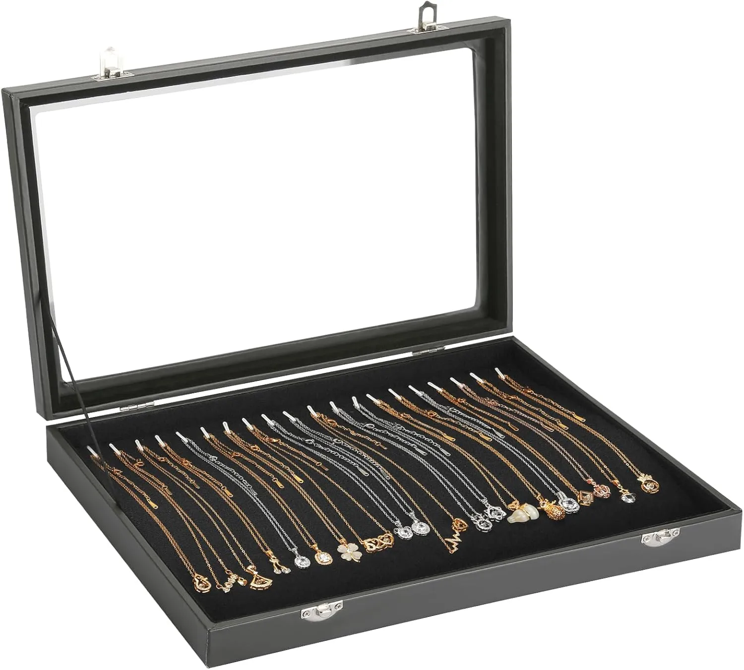 20 Hooks Velvet Necklace Organizer Box, Jewelry Display Tray Case with Clear Lid for Necklace Bracelet Pendant, Necklace Storage Holder Box for Home Use or Store Selling Show (Black)