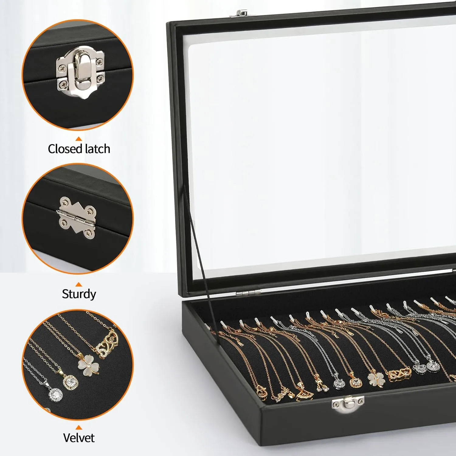 20 Hooks Velvet Necklace Organizer Box, Jewelry Display Tray Case with Clear Lid for Necklace Bracelet Pendant, Necklace Storage Holder Box for Home Use or Store Selling Show (Black)