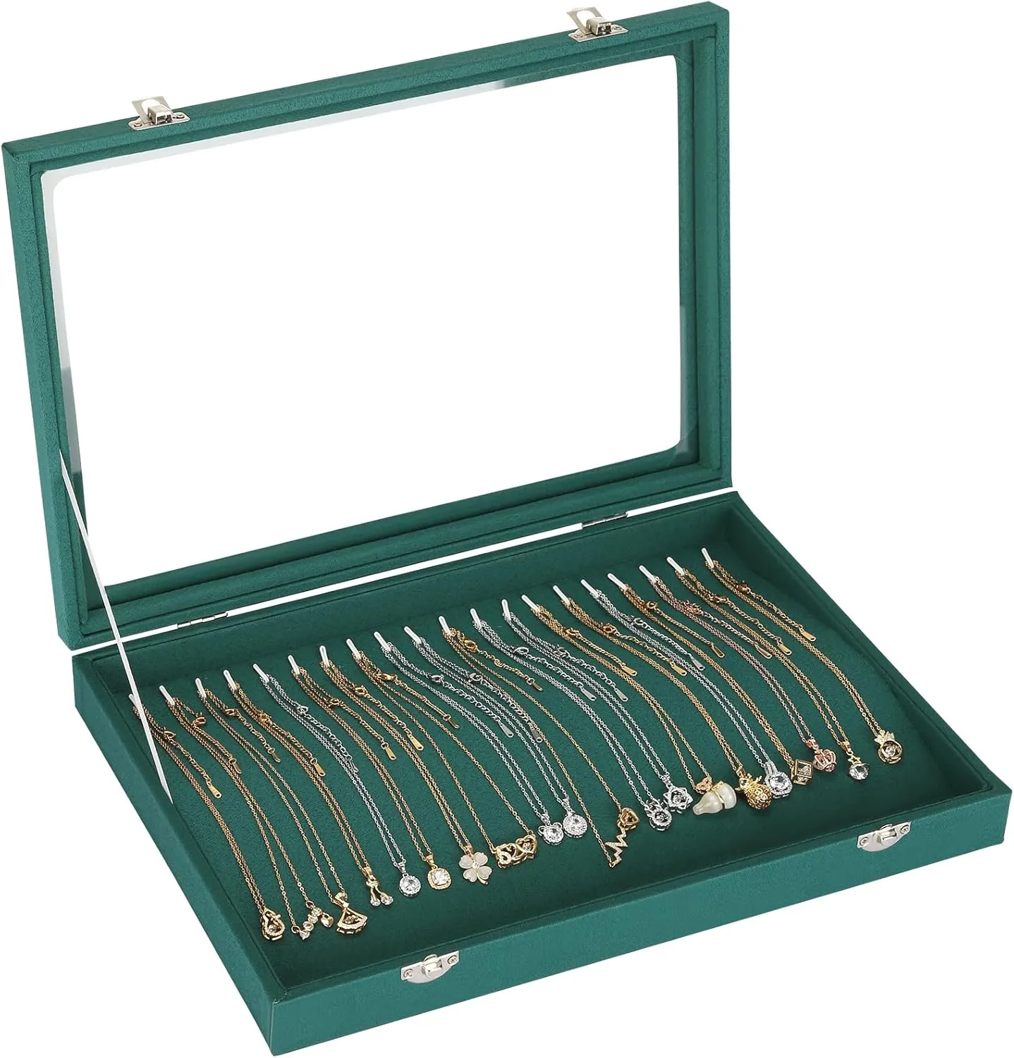 20 Hooks Velvet Necklace Organizer Box, Jewelry Display Tray Case with Clear Lid for Necklace Bracelet Pendant, Necklace Storage Holder Box for Home Use or Store Selling Show (Green)