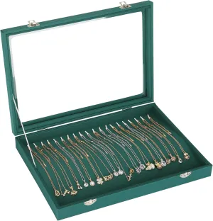 20 Hooks Velvet Necklace Organizer Box, Jewelry Display Tray Case with Clear Lid for Necklace Bracelet Pendant, Necklace Storage Holder Box for Home Use or Store Selling Show (Green)