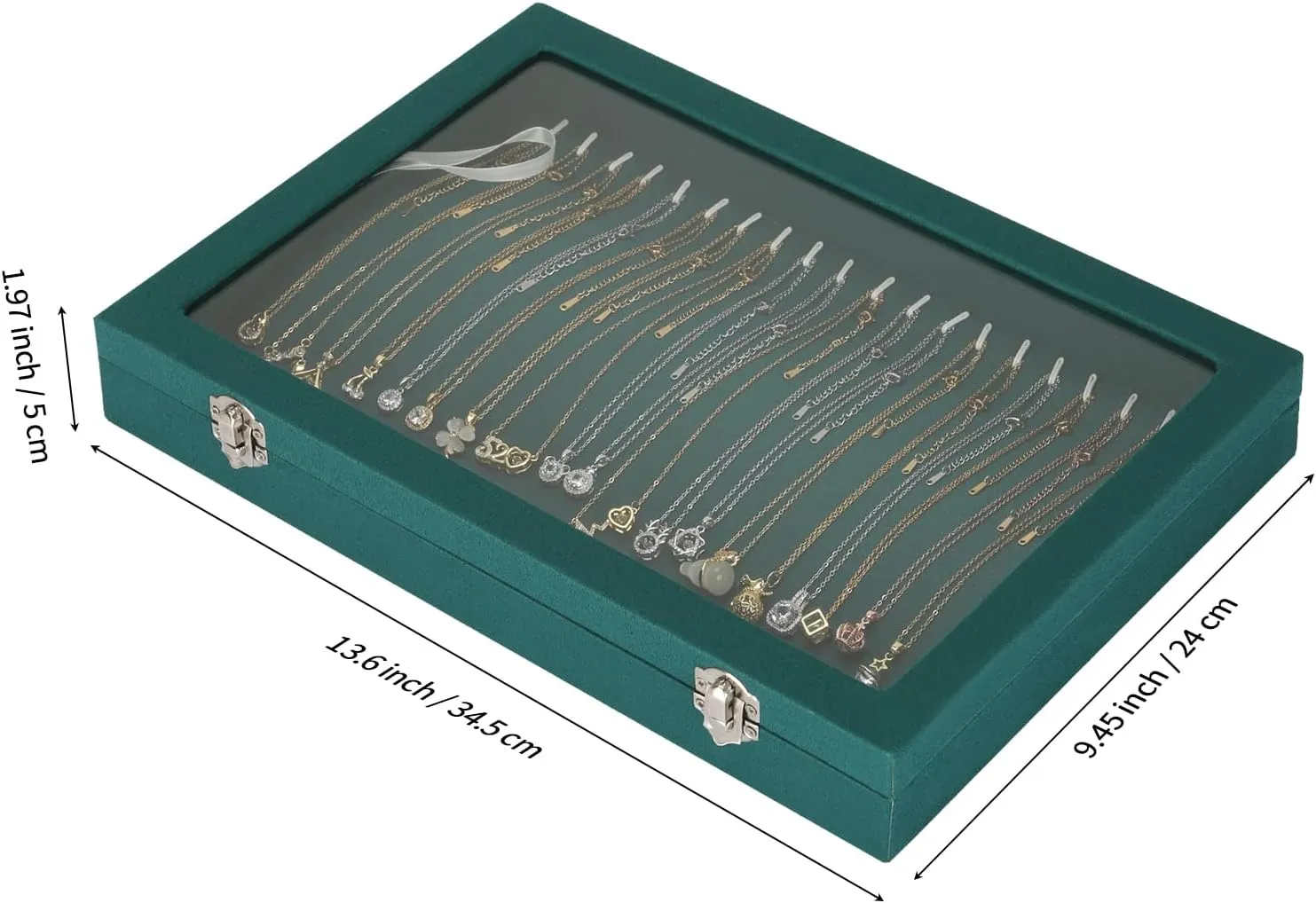 20 Hooks Velvet Necklace Organizer Box, Jewelry Display Tray Case with Clear Lid for Necklace Bracelet Pendant, Necklace Storage Holder Box for Home Use or Store Selling Show (Green)