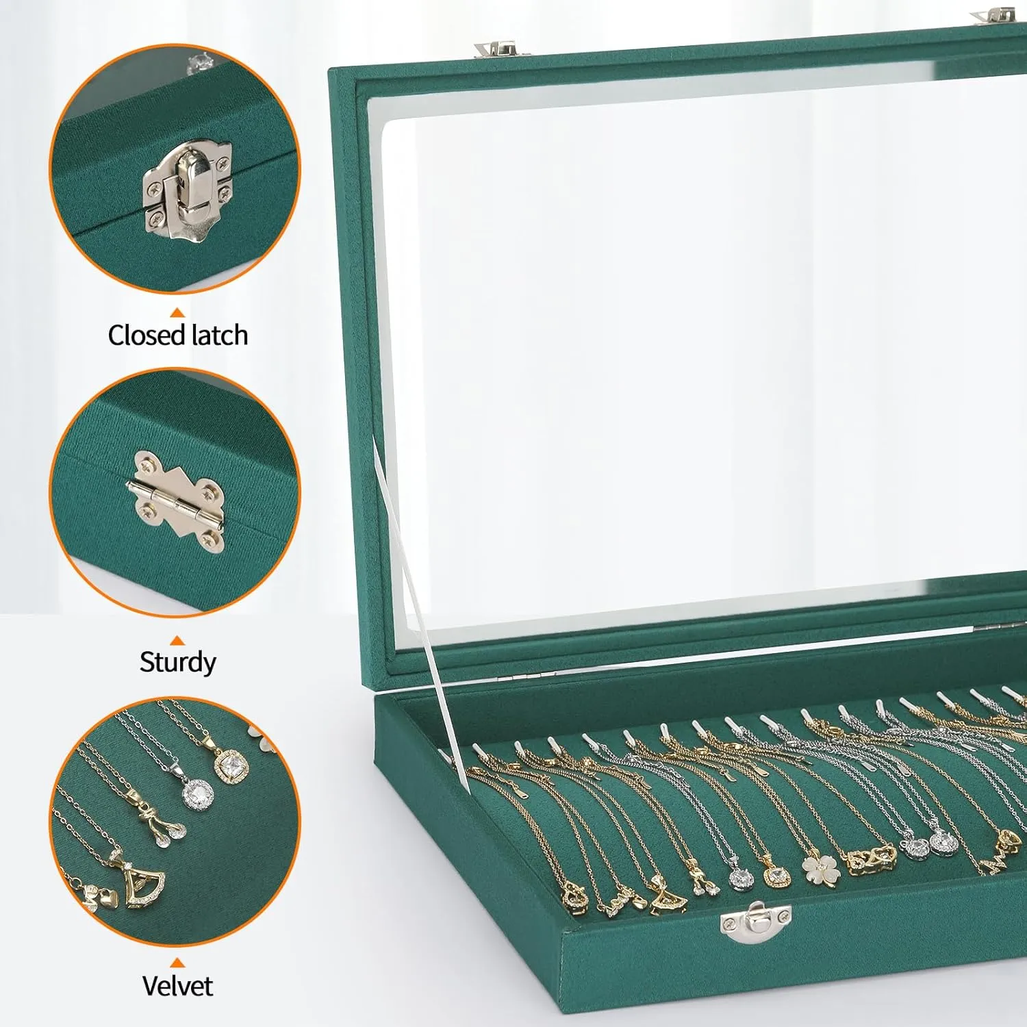 20 Hooks Velvet Necklace Organizer Box, Jewelry Display Tray Case with Clear Lid for Necklace Bracelet Pendant, Necklace Storage Holder Box for Home Use or Store Selling Show (Green)