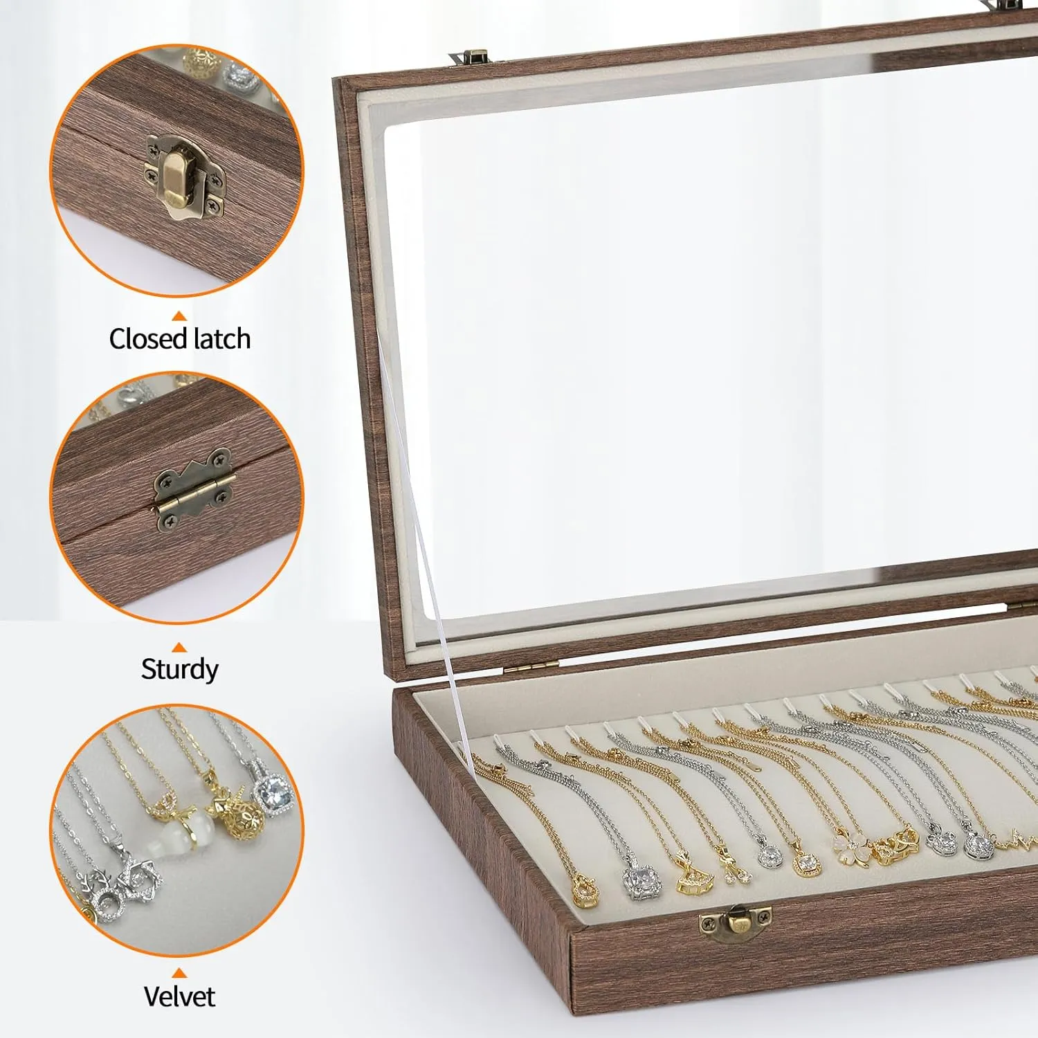 20 Hooks Velvet Necklace Organizer Box, Jewelry Display Tray Case with Clear Lid for Necklace Bracelet Pendant, Necklace Storage Holder Box for Home Use or Store Selling Show (Wood Style)