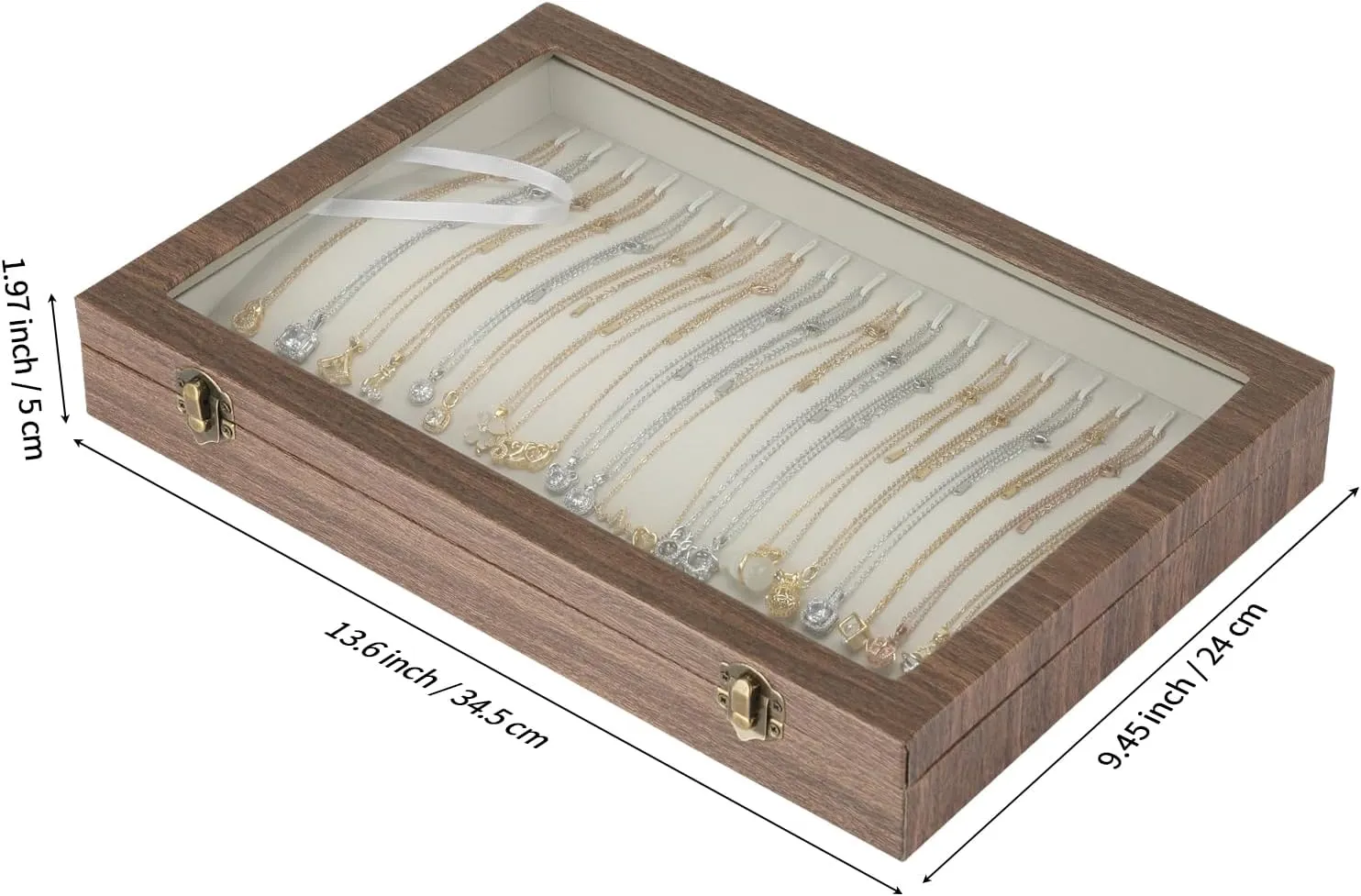 20 Hooks Velvet Necklace Organizer Box, Jewelry Display Tray Case with Clear Lid for Necklace Bracelet Pendant, Necklace Storage Holder Box for Home Use or Store Selling Show (Wood Style)