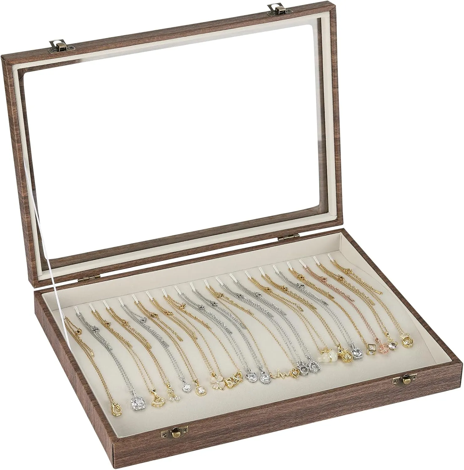20 Hooks Velvet Necklace Organizer Box, Jewelry Display Tray Case with Clear Lid for Necklace Bracelet Pendant, Necklace Storage Holder Box for Home Use or Store Selling Show (Wood Style)