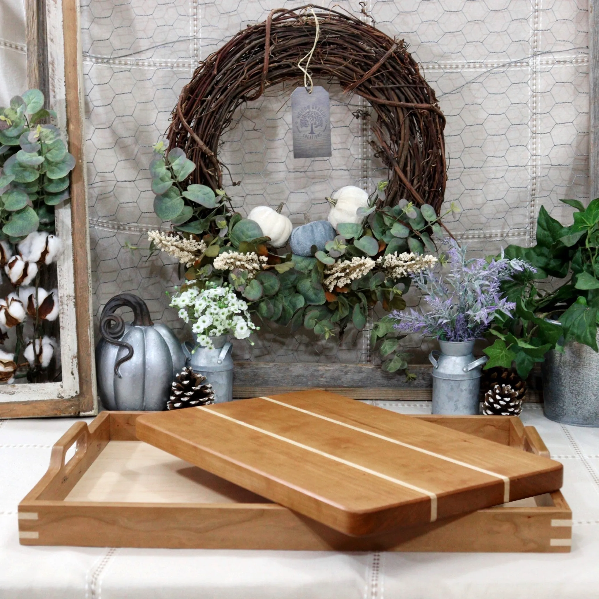 3-PC Cherry Wood Set: Tray, Cutting Board, & Wine Carrier