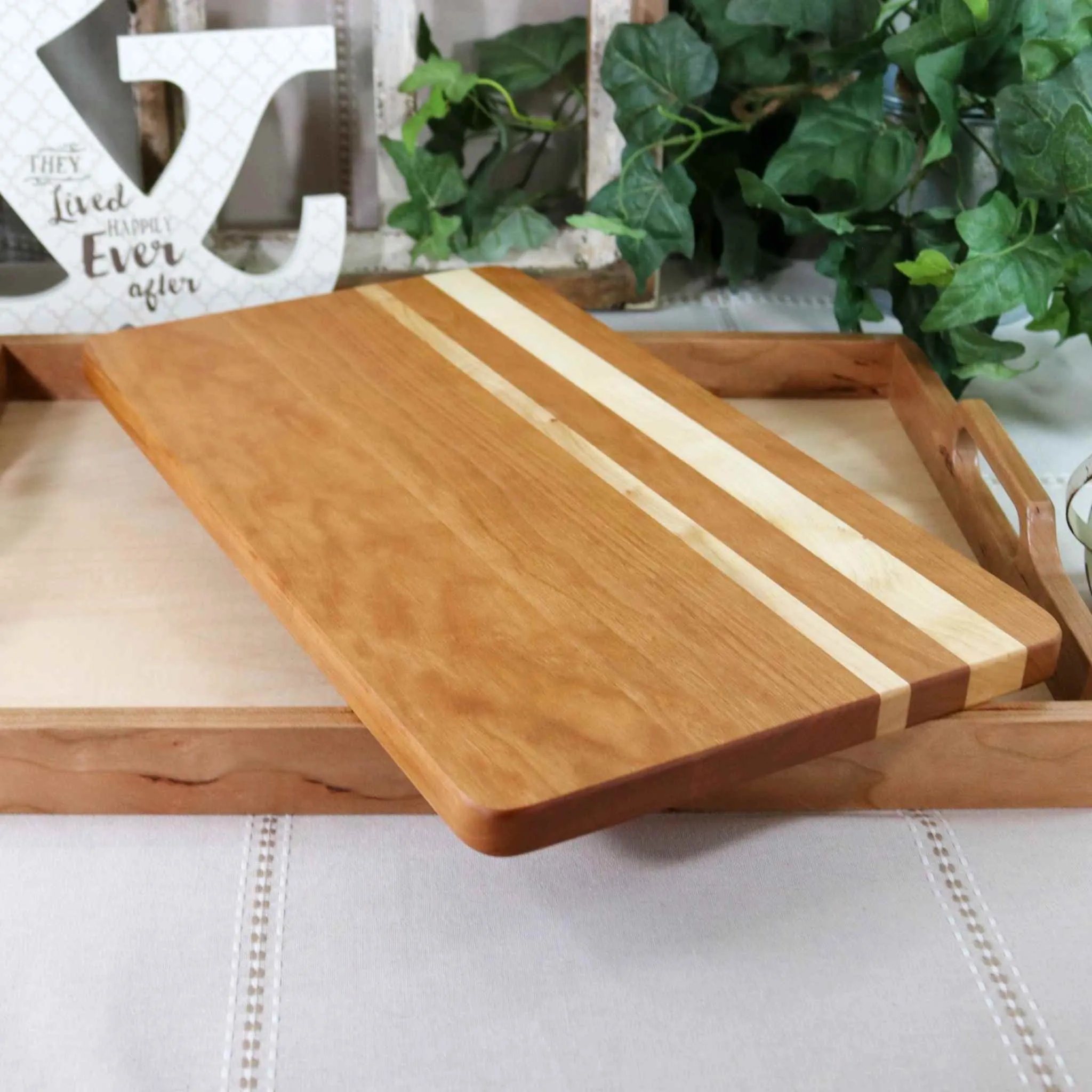 3-PC Cherry Wood Set: Tray, Cutting Board, & Wine Carrier