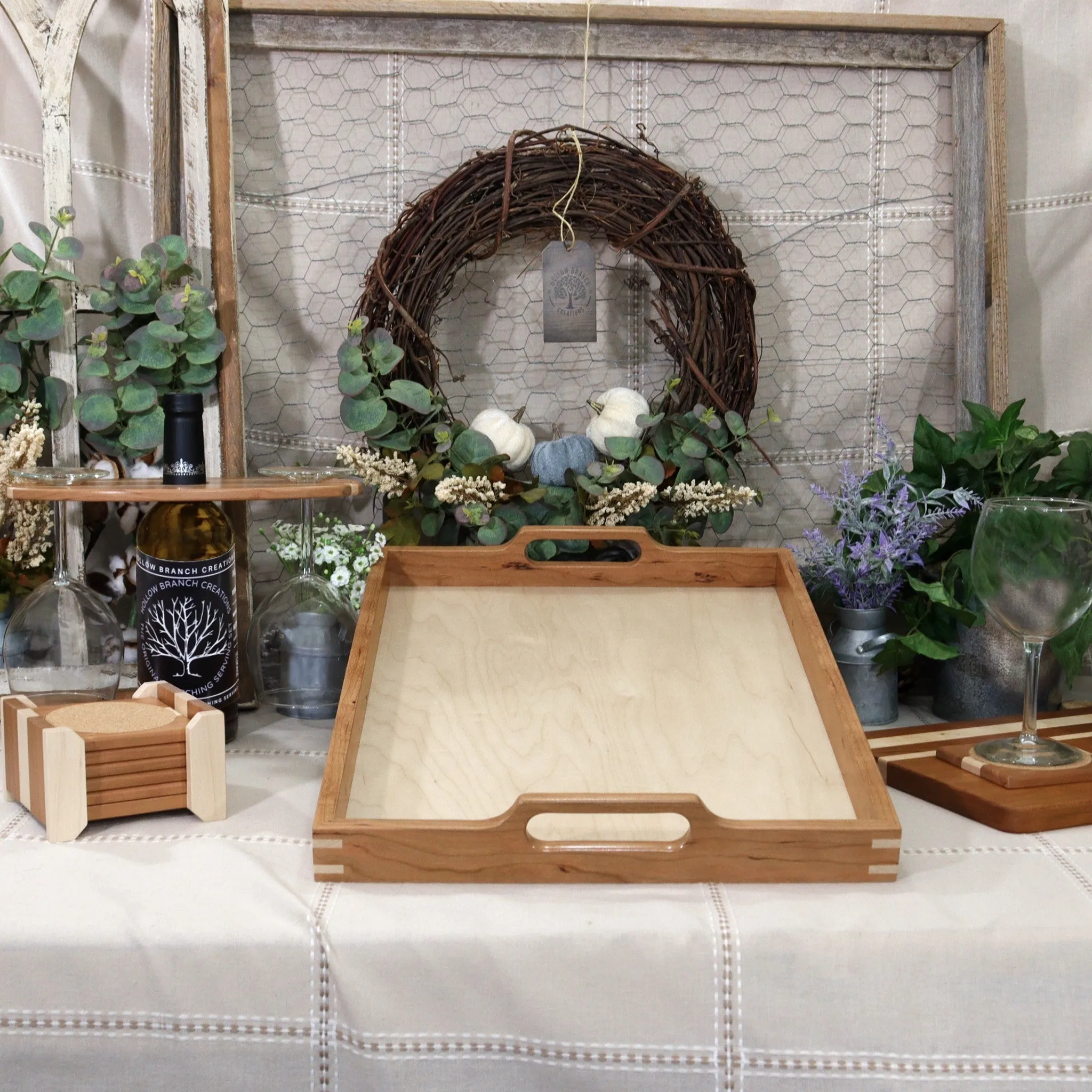 3-PC Cherry Wood Set: Tray, Cutting Board, & Wine Carrier