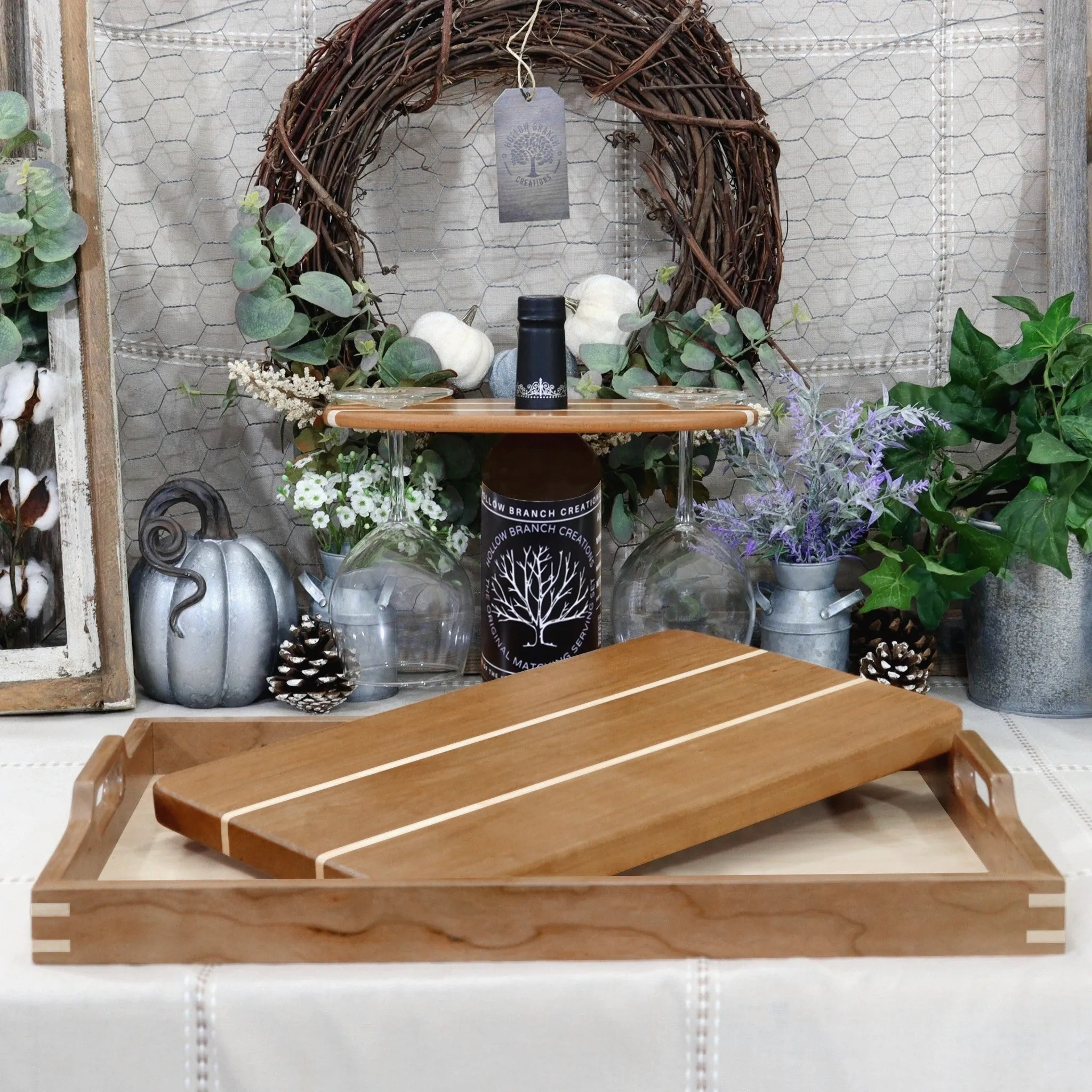 3-PC Cherry Wood Set: Tray, Cutting Board, & Wine Carrier