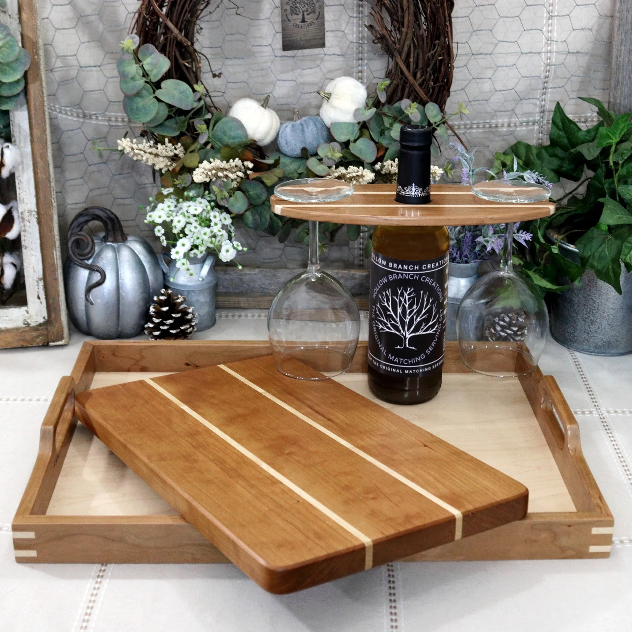 3-PC Cherry Wood Set: Tray, Cutting Board, & Wine Carrier