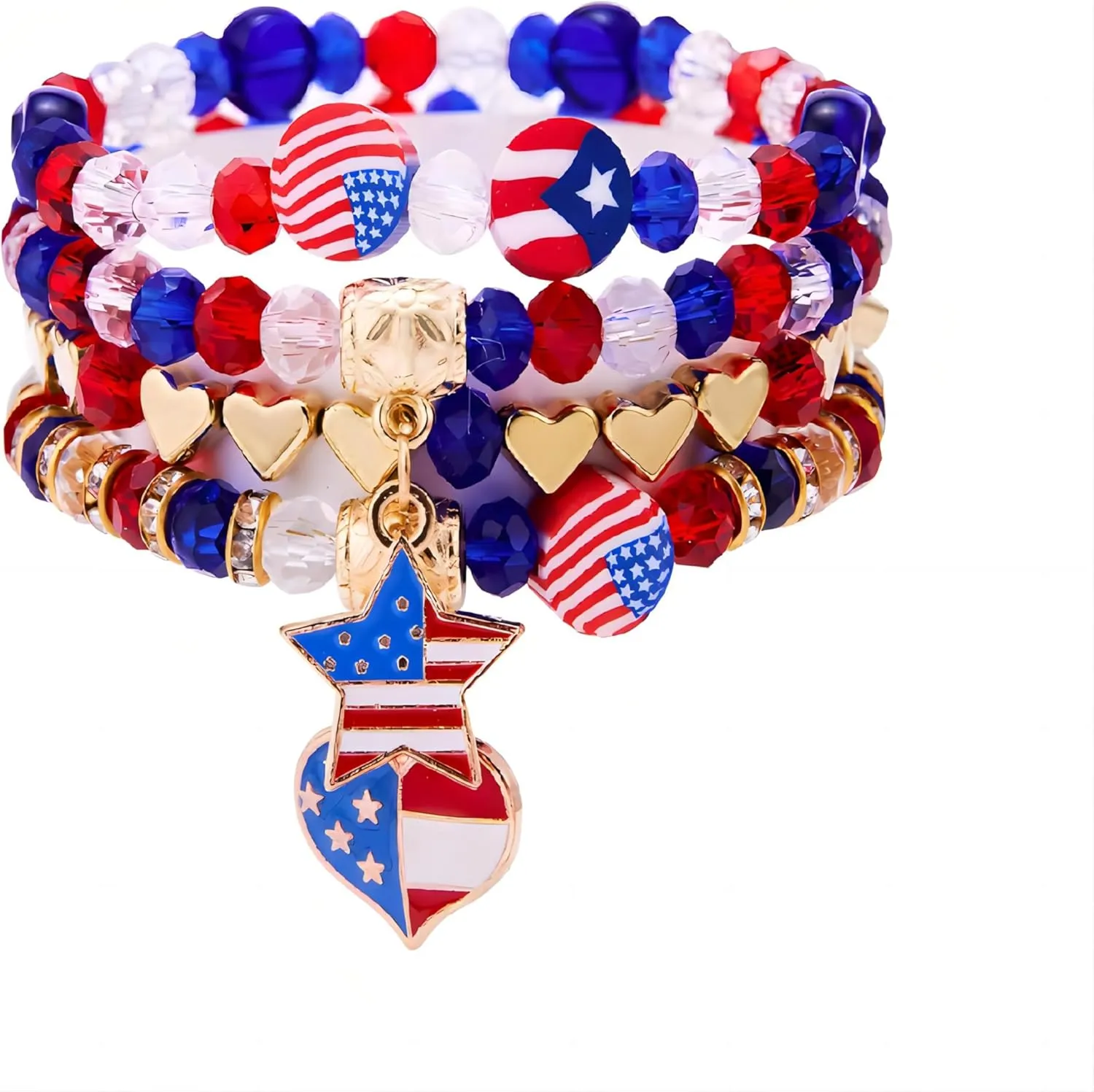 4th of July Accessories USA Patriotic Bracelets for Independence Day Red White and Blue American Flag Stretch Bracelets for Women Girls Boys