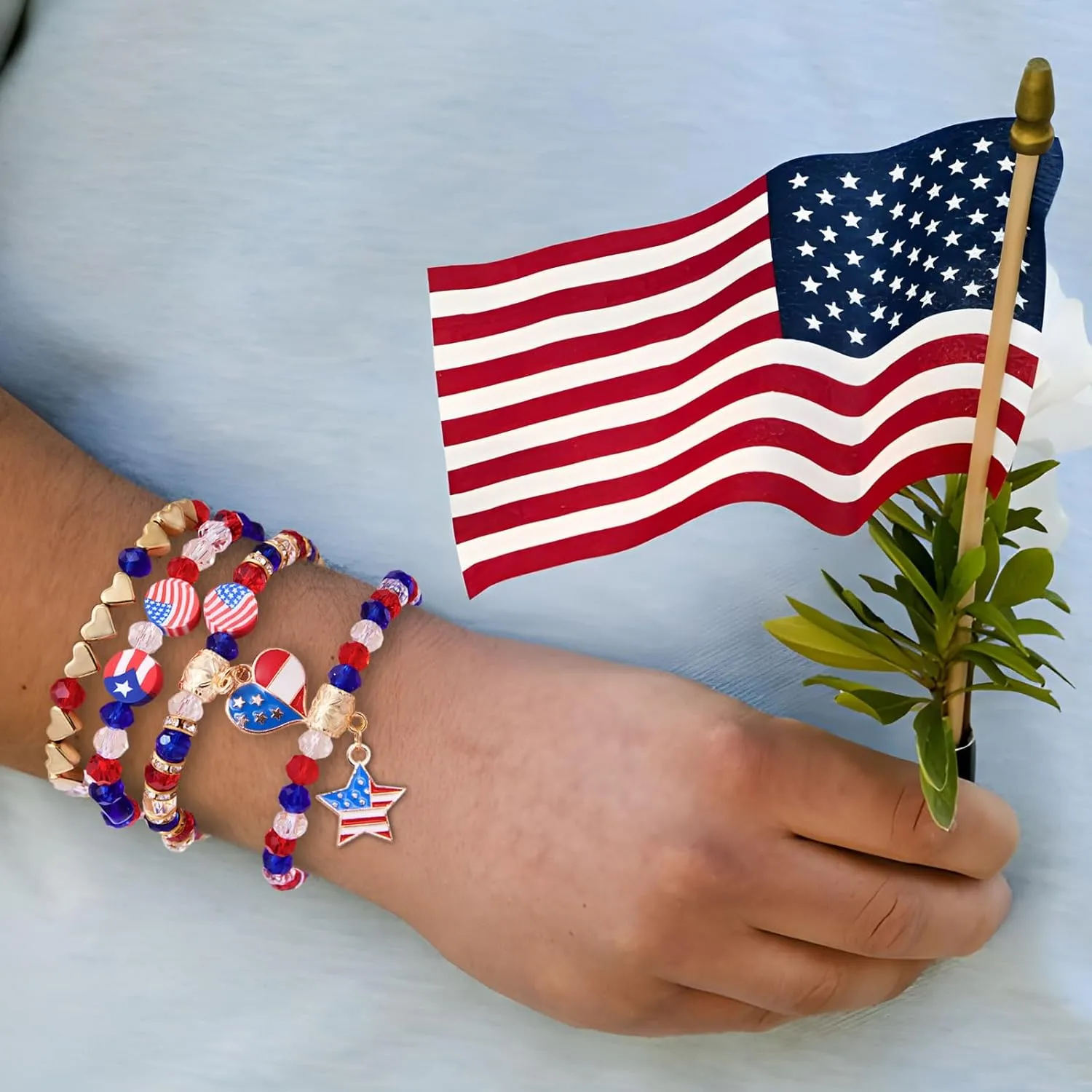 4th of July Accessories USA Patriotic Bracelets for Independence Day Red White and Blue American Flag Stretch Bracelets for Women Girls Boys