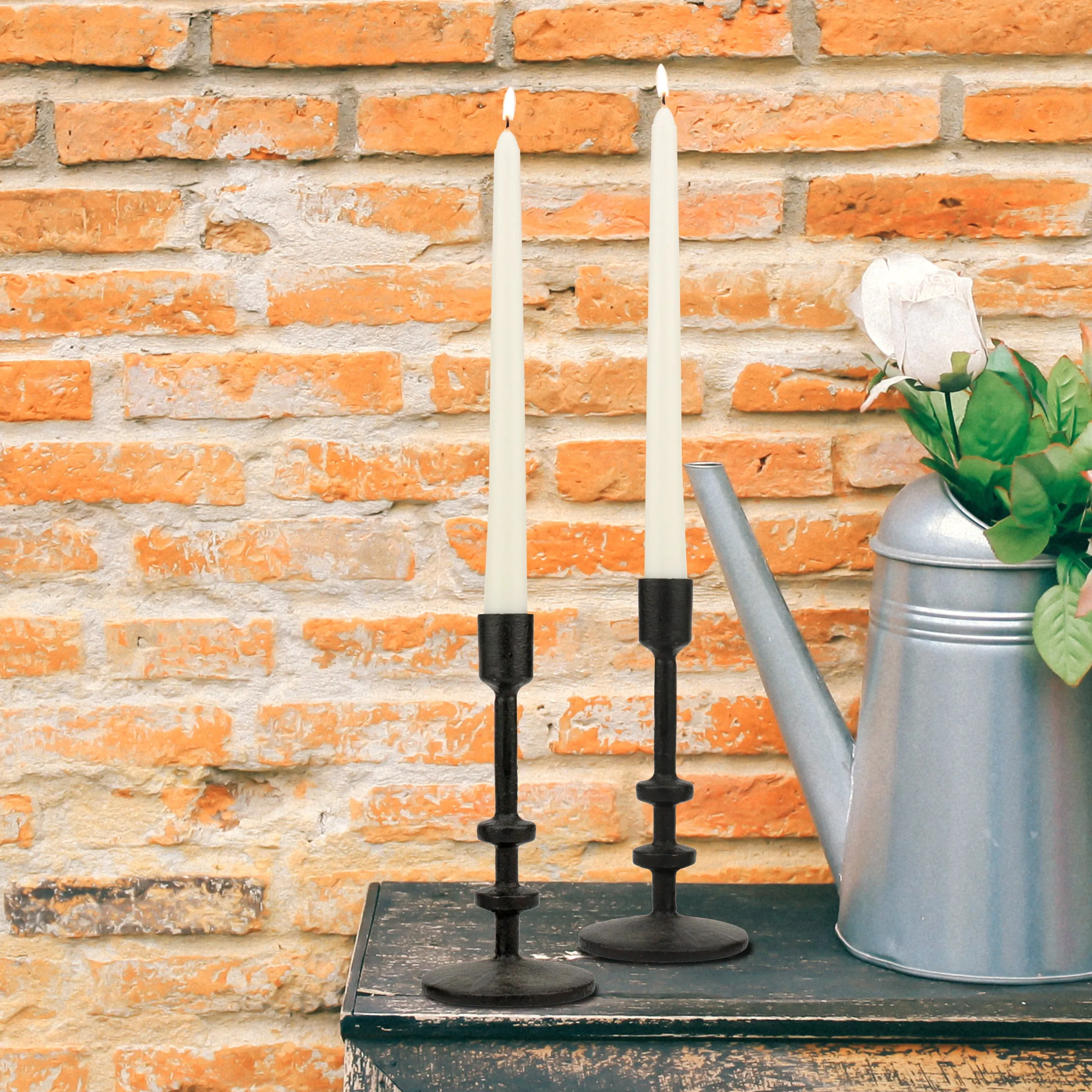 7" Black Cast Iron Metal Taper Candle Holder Set, Large (WS)