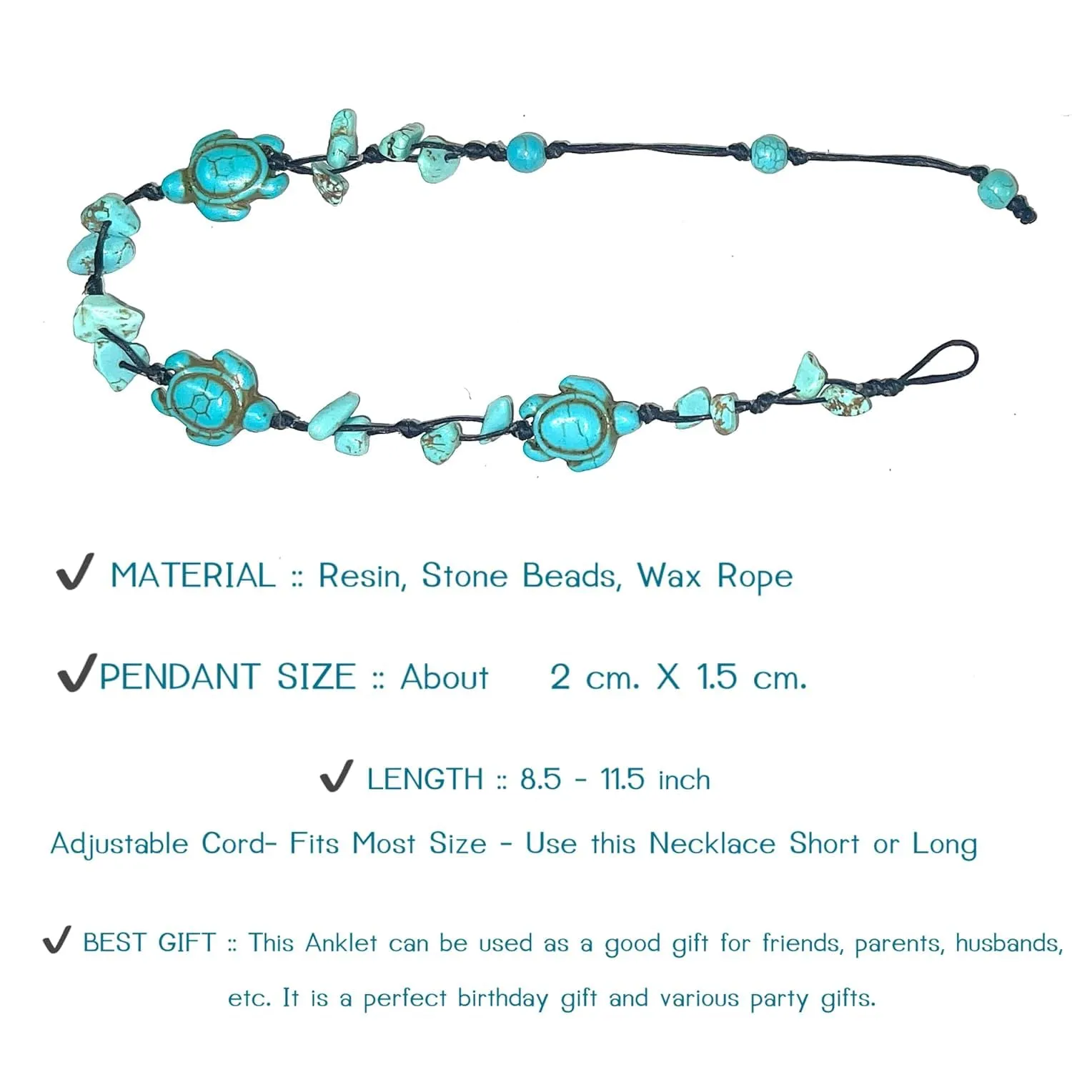 Anklet Handmade Braided Rope Ankle Natural stone Turtle Starfish dolphin for Women Girls (Turquoise stone & turtle)