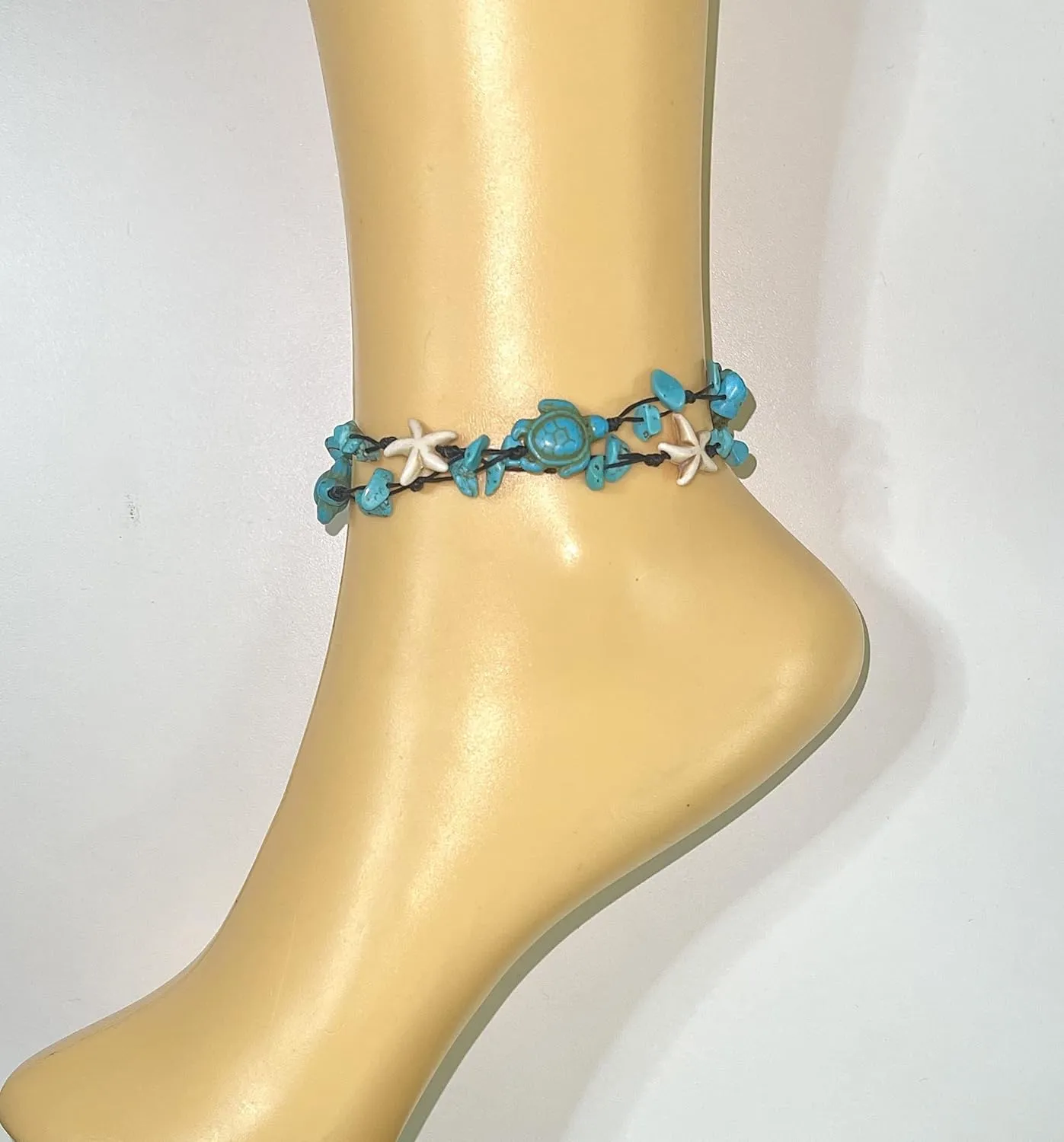 Anklet Stone Handmade Braided Rope Ankle Natural stone Turtle Starfish dolphin for Women Girls (Turquoise stone Turtle starfish)