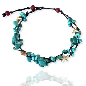 Anklet Stone Handmade Braided Rope Ankle Natural stone Turtle Starfish dolphin for Women Girls (Turquoise stone Turtle starfish)