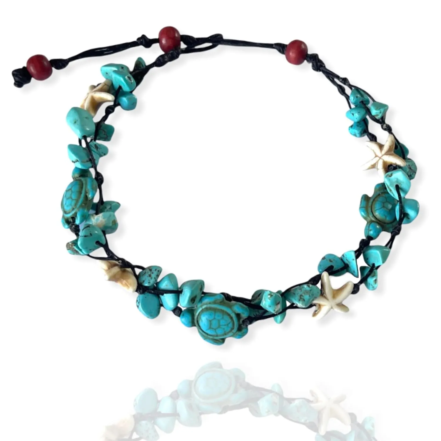 Anklet Stone Handmade Braided Rope Ankle Natural stone Turtle Starfish dolphin for Women Girls (Turquoise stone Turtle starfish)