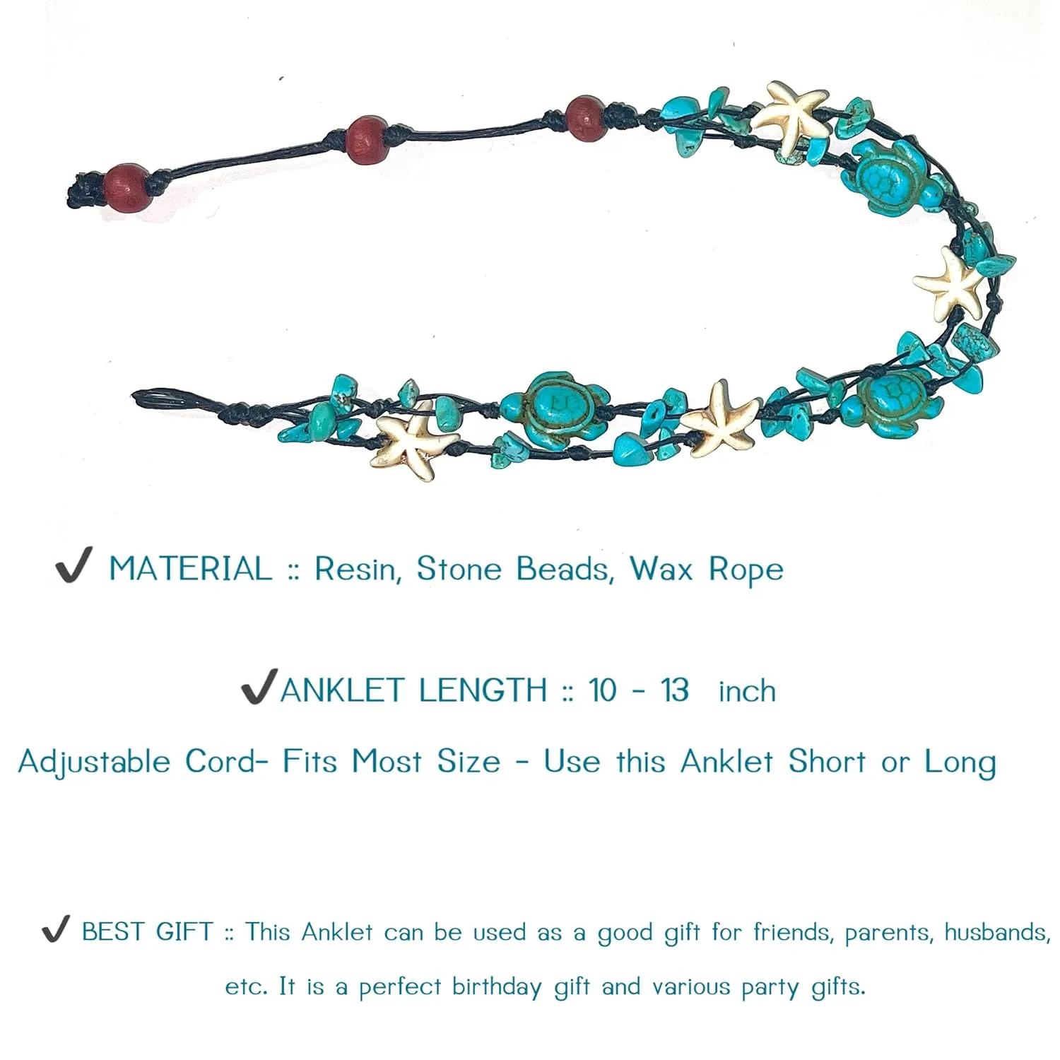 Anklet Stone Handmade Braided Rope Ankle Natural stone Turtle Starfish dolphin for Women Girls (Turquoise stone Turtle starfish)