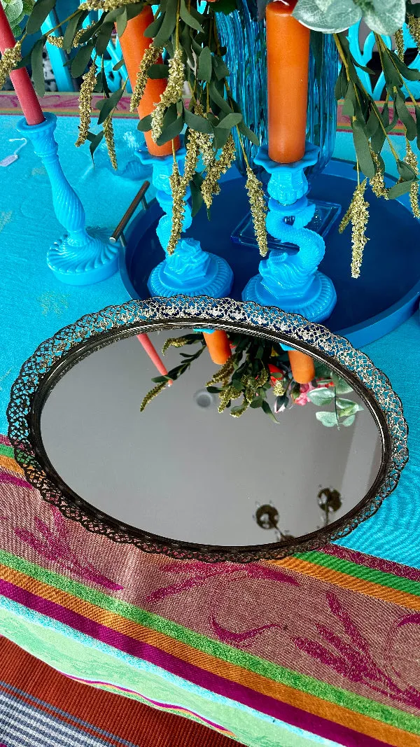 Antique Mirrored Dresser Tray, Oval, Gold Metal Ornate Edging