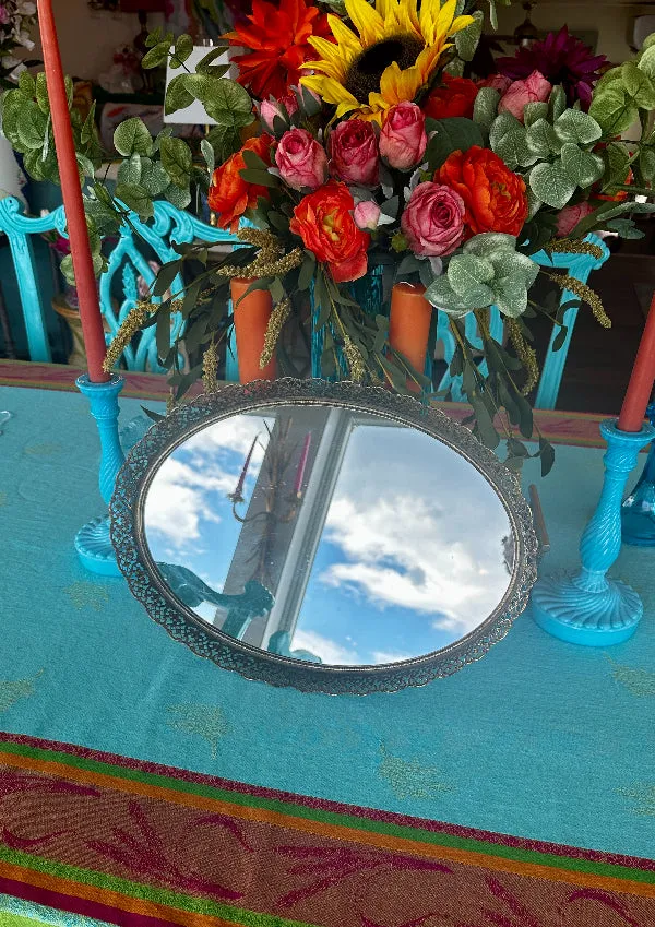 Antique Mirrored Dresser Tray, Oval, Gold Metal Ornate Edging