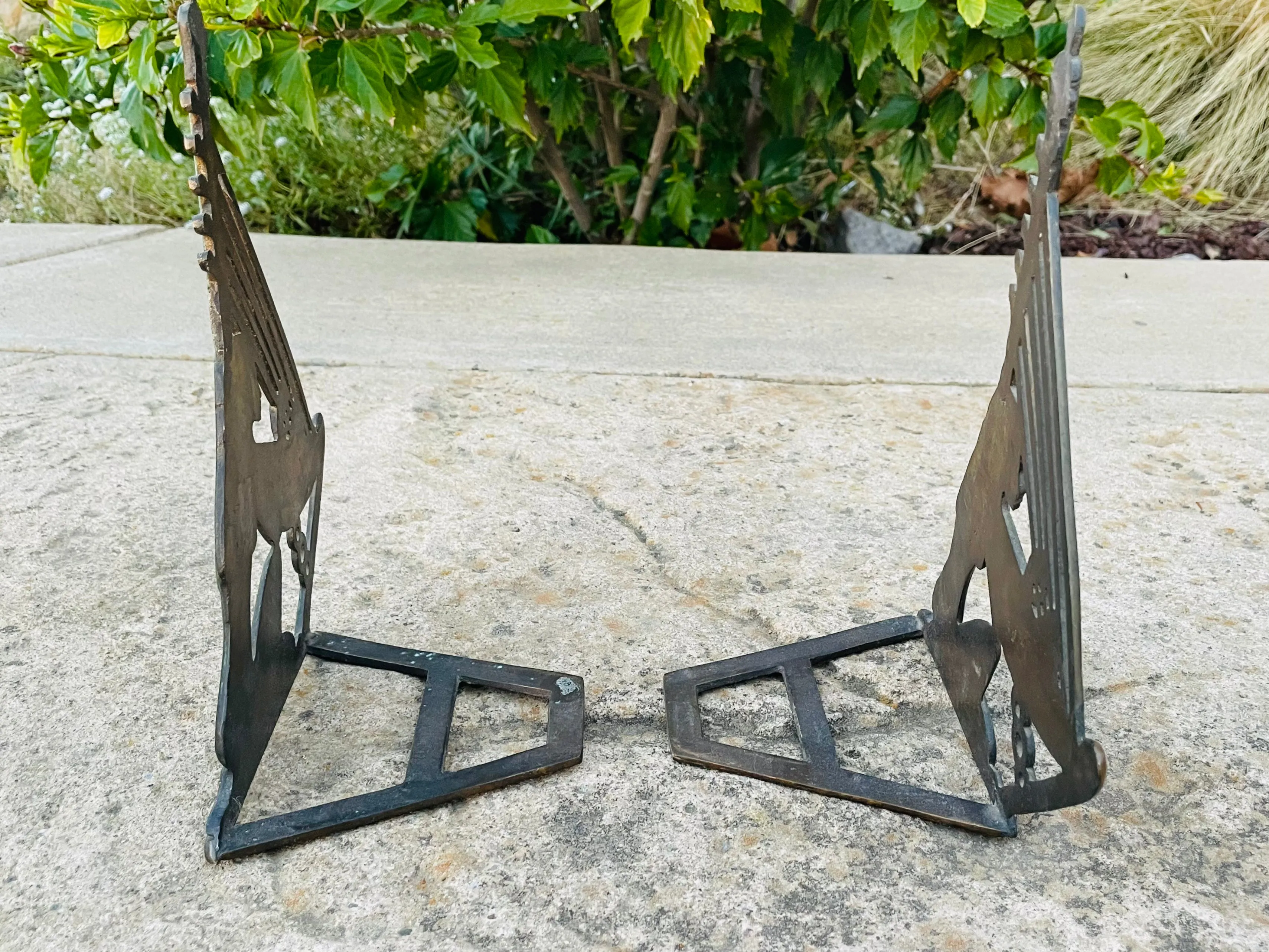 Antique Verdigris Metal Egyptian Woman Playing Musical Harp Book Ends Bookends