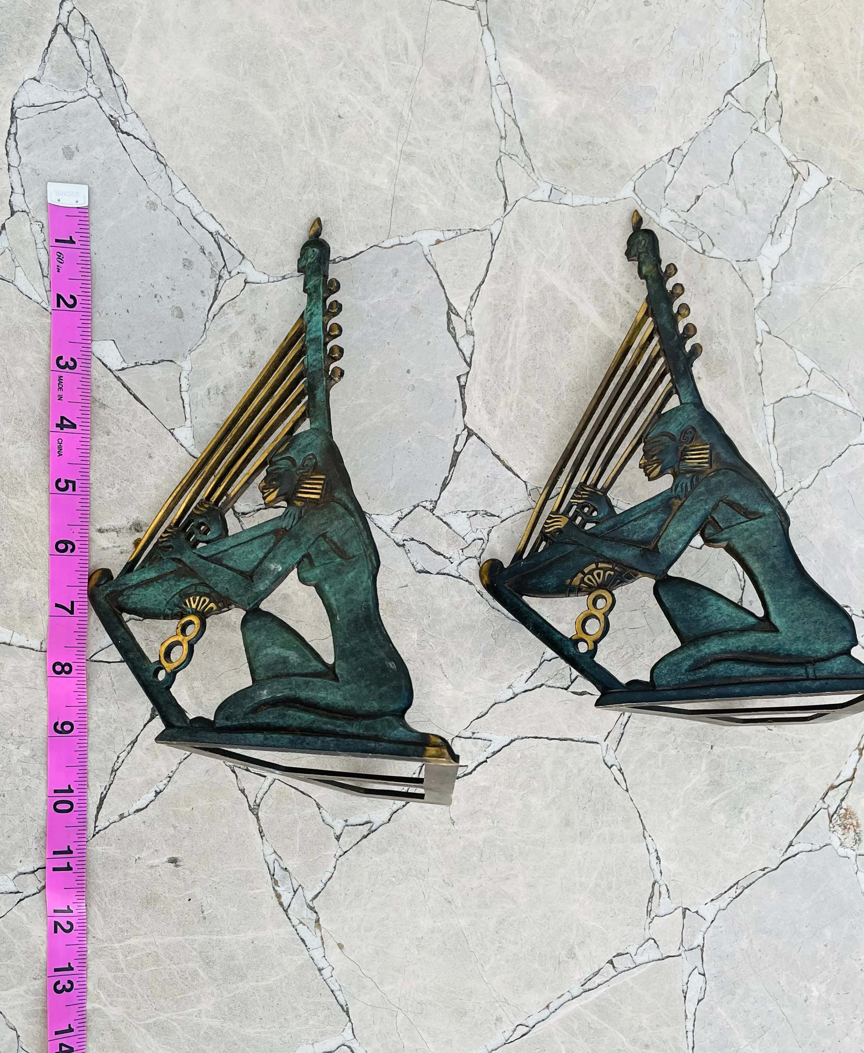 Antique Verdigris Metal Egyptian Woman Playing Musical Harp Book Ends Bookends