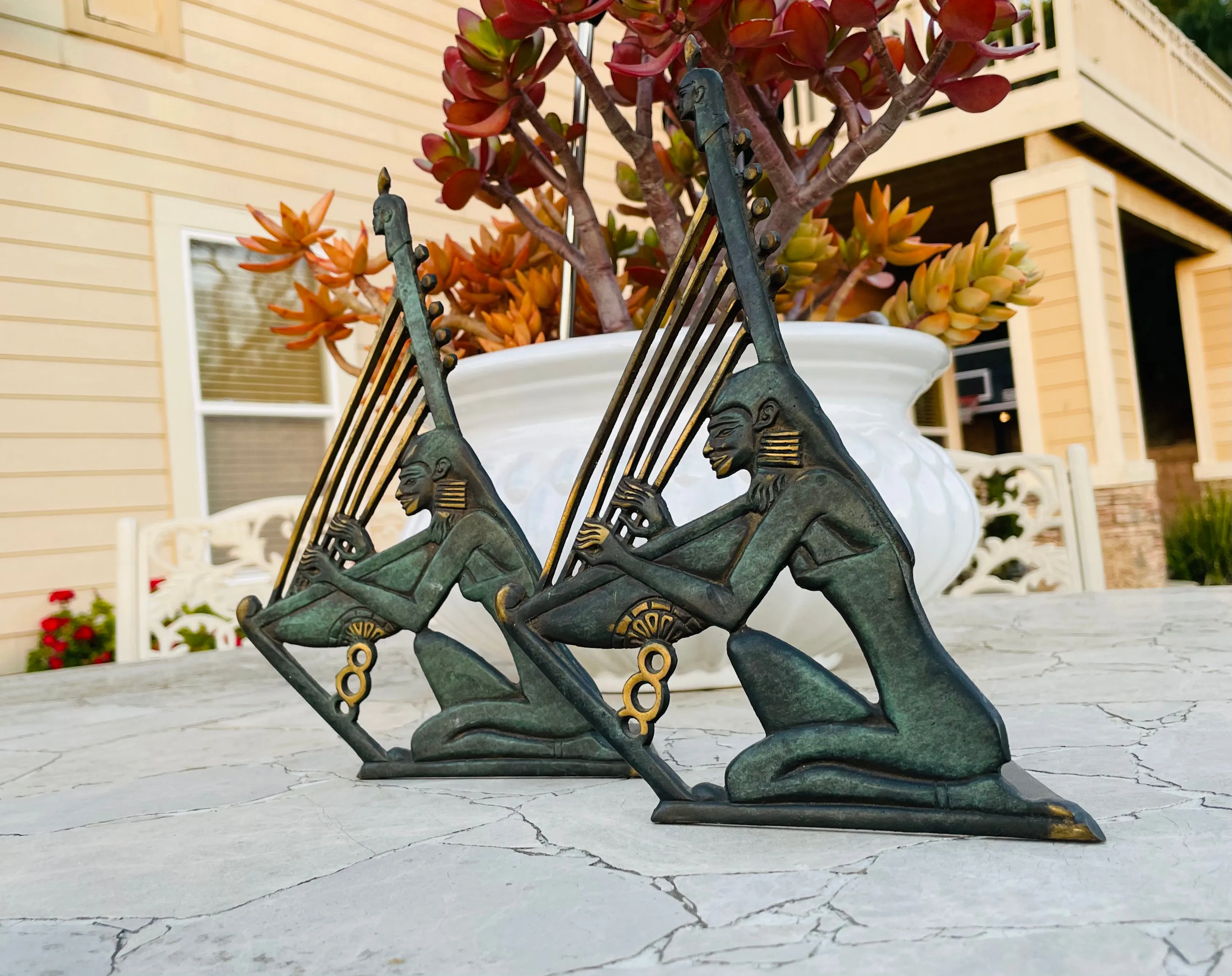 Antique Verdigris Metal Egyptian Woman Playing Musical Harp Book Ends Bookends