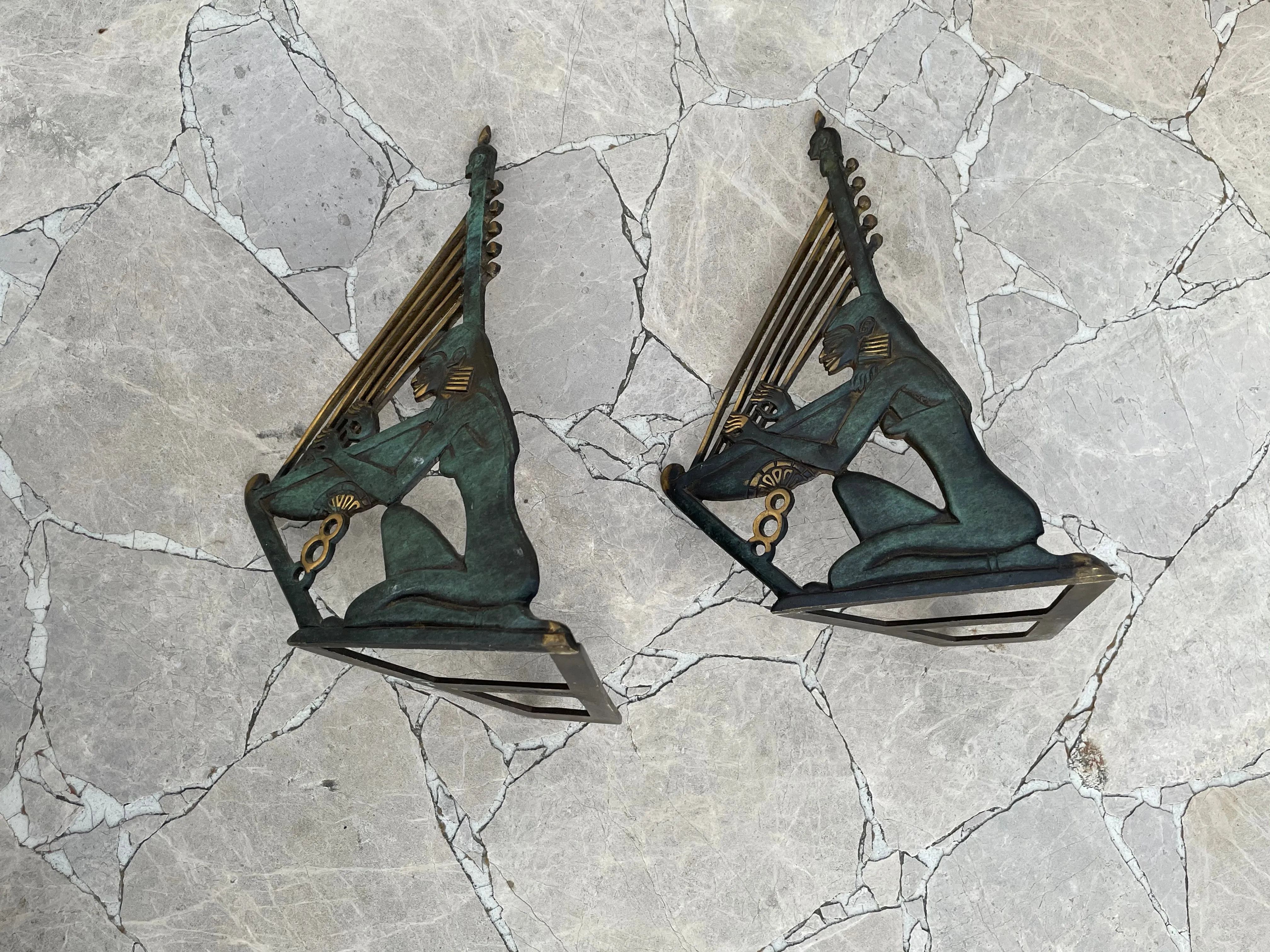 Antique Verdigris Metal Egyptian Woman Playing Musical Harp Book Ends Bookends