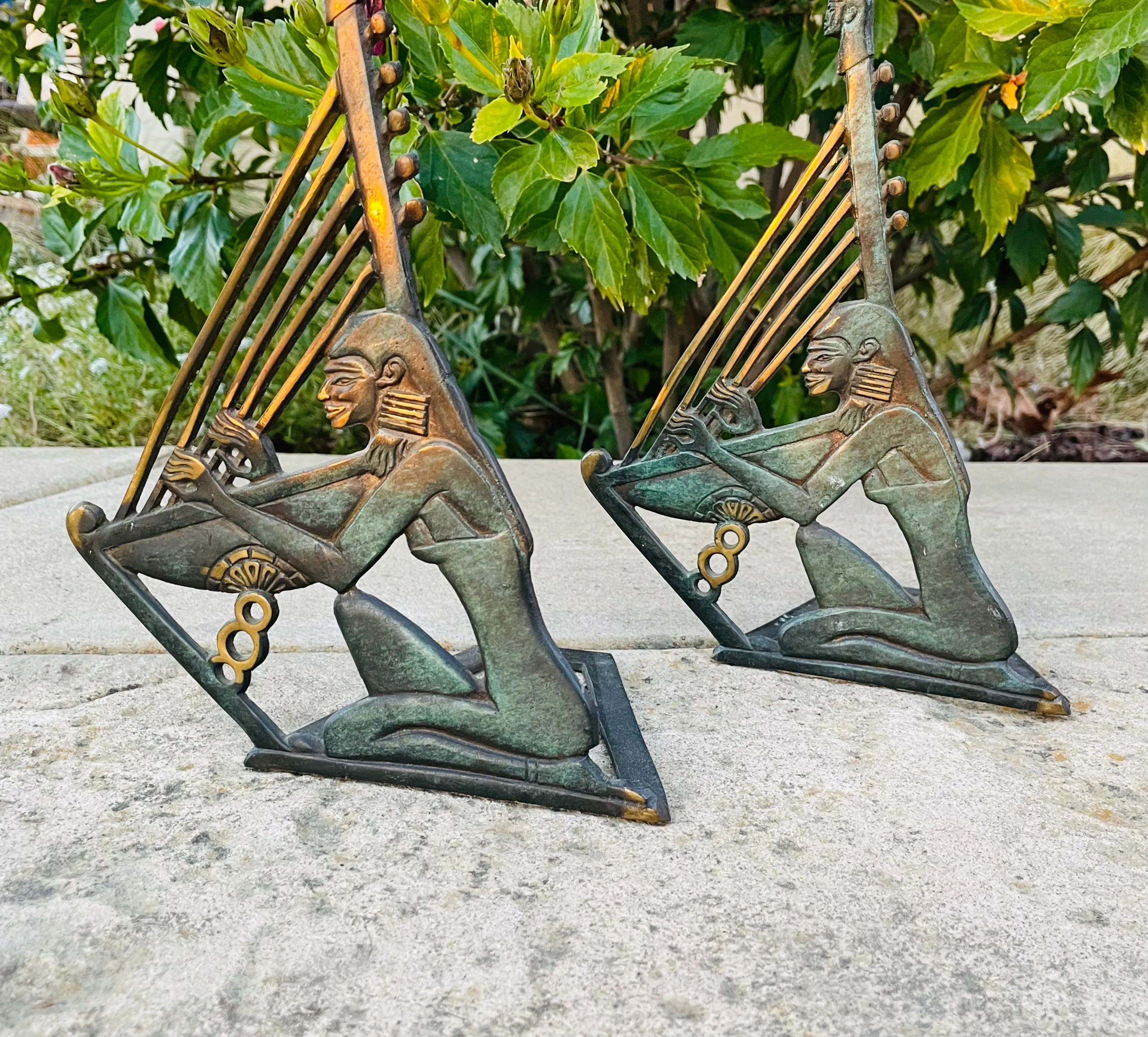 Antique Verdigris Metal Egyptian Woman Playing Musical Harp Book Ends Bookends