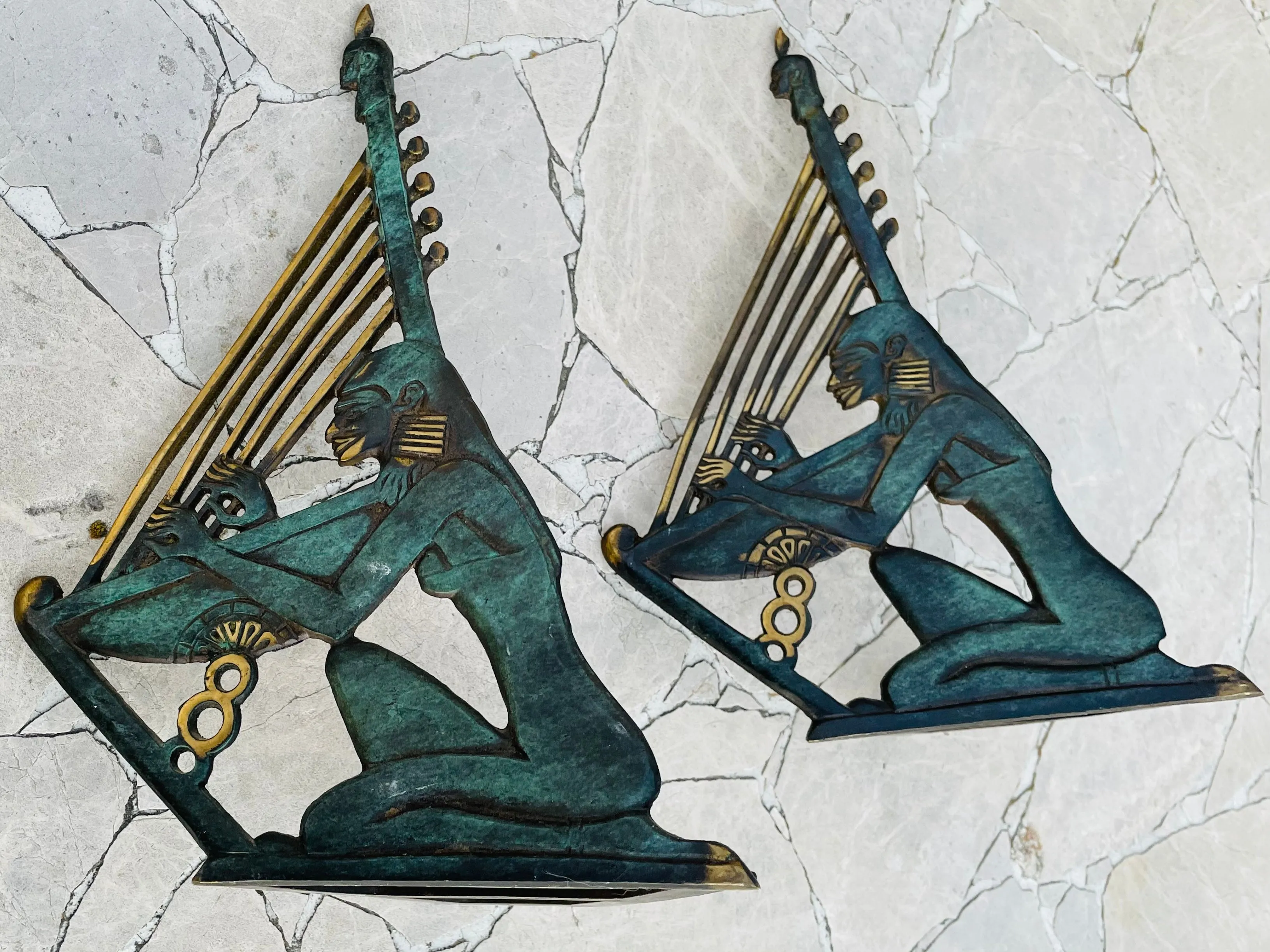 Antique Verdigris Metal Egyptian Woman Playing Musical Harp Book Ends Bookends