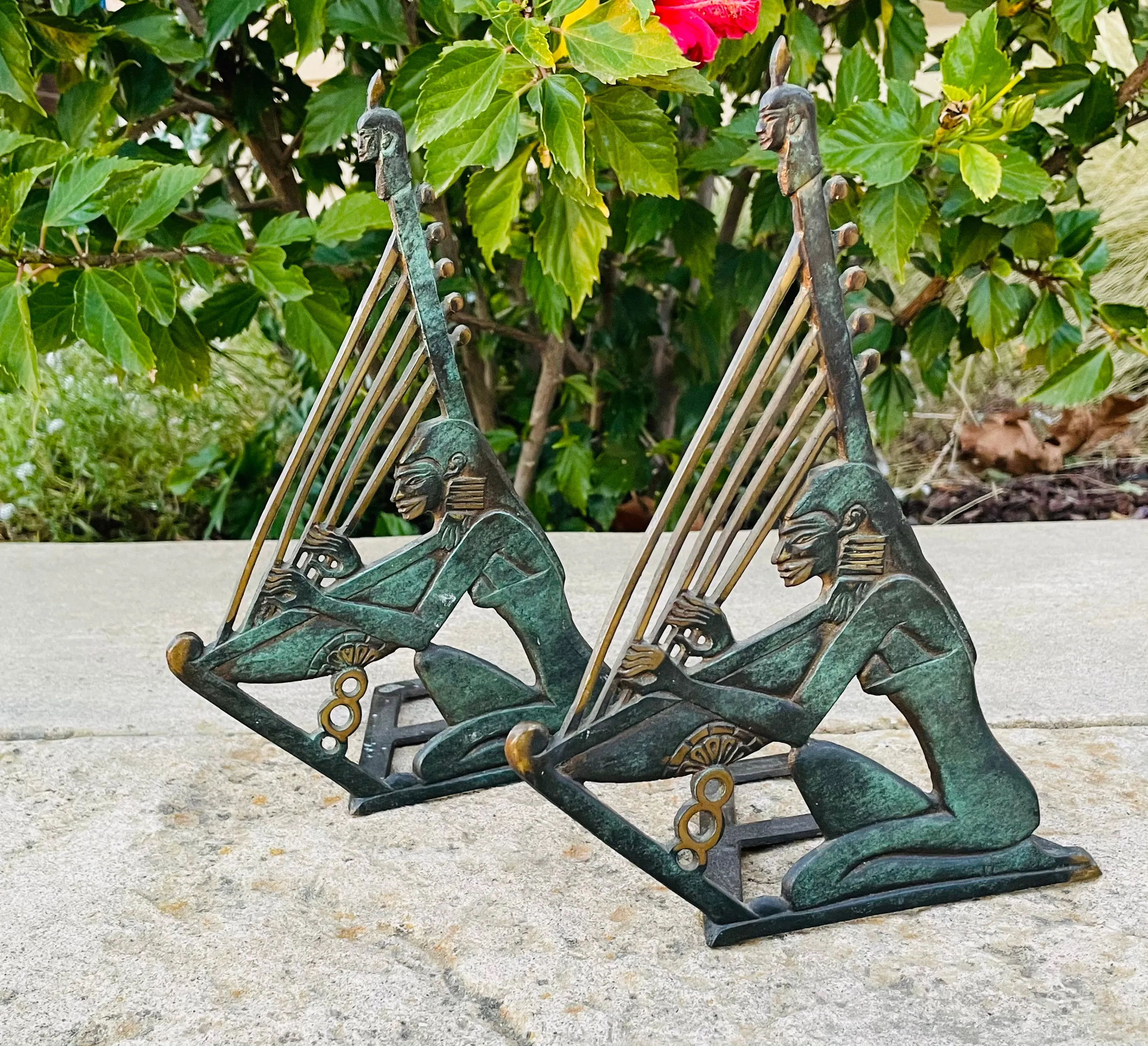 Antique Verdigris Metal Egyptian Woman Playing Musical Harp Book Ends Bookends