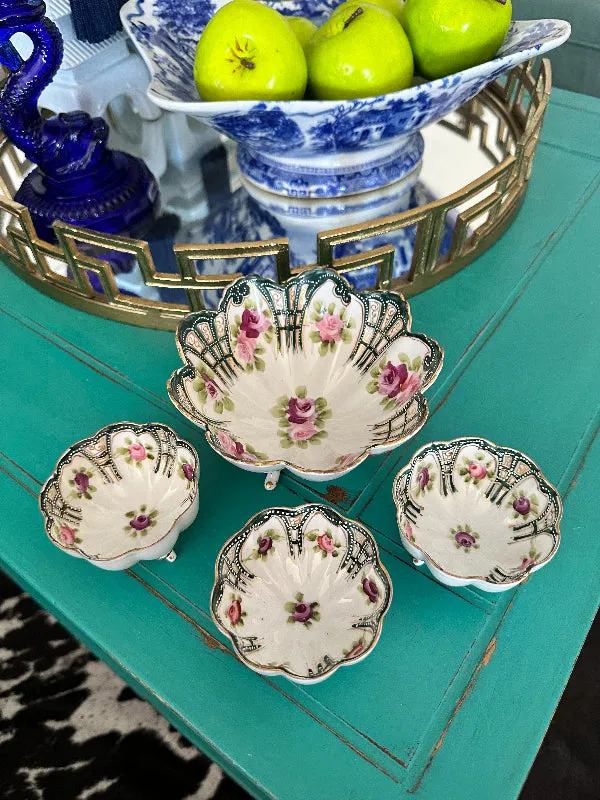 Antique Vintage Nippon Bowl Set, Footed, Hand Painted Porcelain 4 piece
