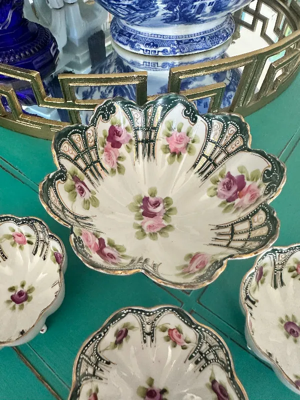 Antique Vintage Nippon Bowl Set, Footed, Hand Painted Porcelain 4 piece