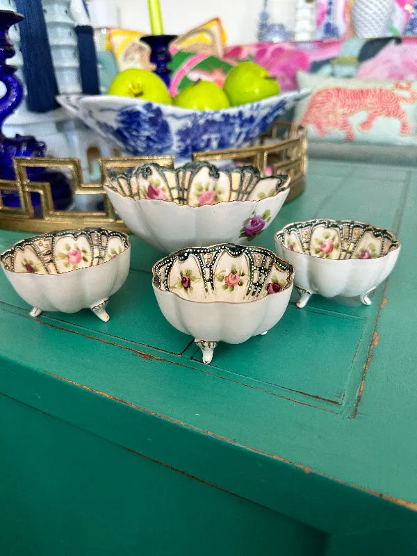 Antique Vintage Nippon Bowl Set, Footed, Hand Painted Porcelain 4 piece