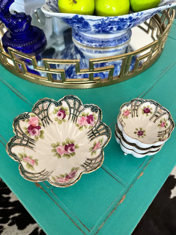 Antique Vintage Nippon Bowl Set, Footed, Hand Painted Porcelain 4 piece