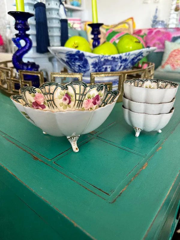 Antique Vintage Nippon Bowl Set, Footed, Hand Painted Porcelain 4 piece