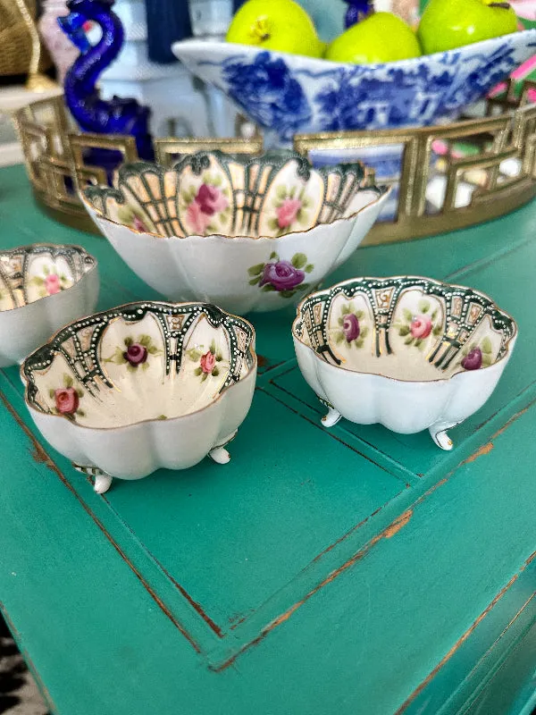 Antique Vintage Nippon Bowl Set, Footed, Hand Painted Porcelain 4 piece