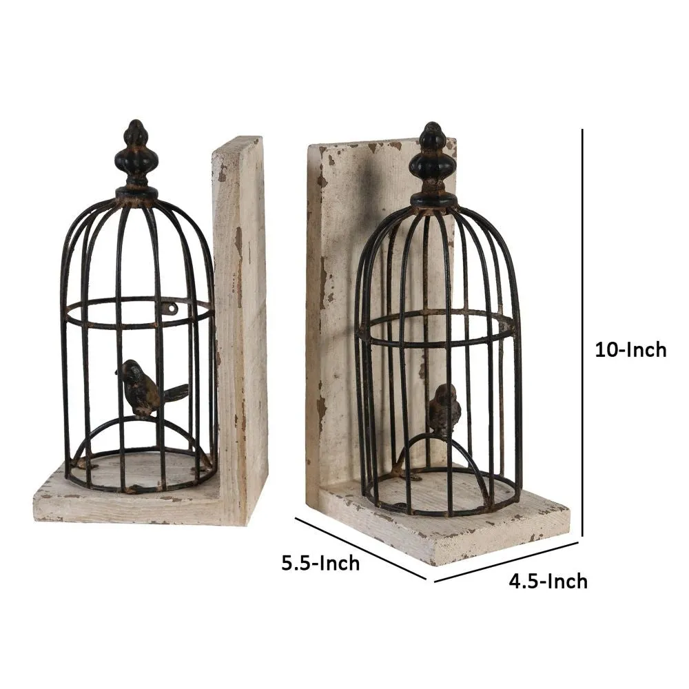 Ari Set of 2 Classic Bookends, Birdcage, Iron and Fir Wood, Black, Brown By Casagear Home