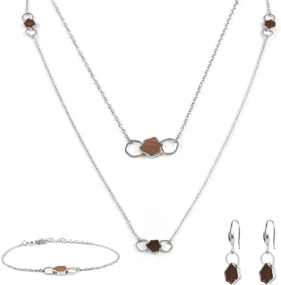 BEWELL Silver Jewelry Sets,Simple Pendant Wooden Necklace Earrings Bracelet Sweater Chain Set for Women