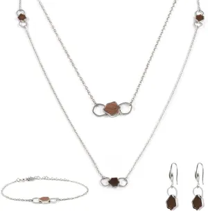 BEWELL Silver Jewelry Sets,Simple Pendant Wooden Necklace Earrings Bracelet Sweater Chain Set for Women