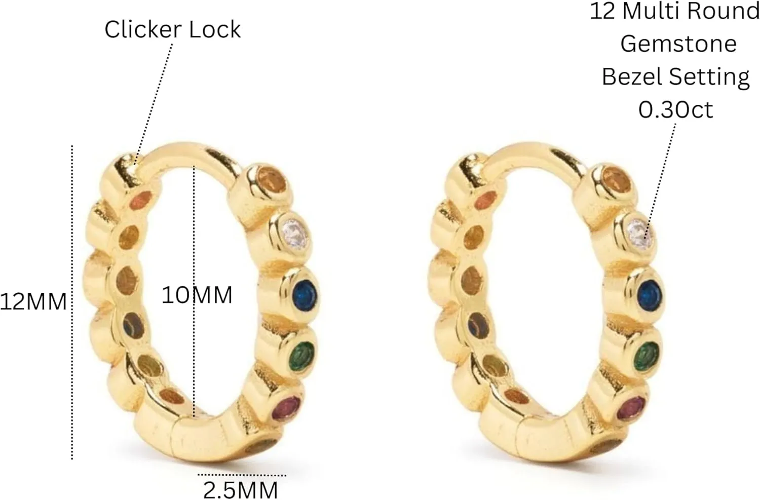 Bezel Multicolor Gemstone 0.60ct Huggie Earring, Small 14k Gold Vibrant Hoop, Colorful Everyday Jewelry, Gift for Her.