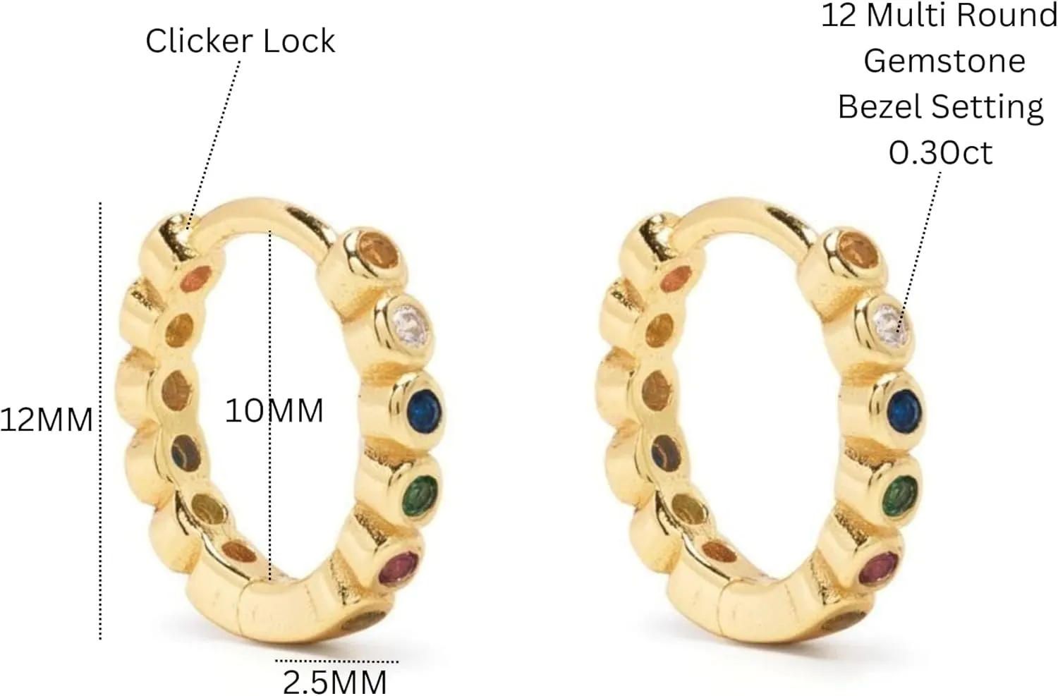 Bezel Multicolor Gemstone 0.60ct Huggie Earring, Small 14k Gold Vibrant Hoop, Colorful Everyday Jewelry, Gift for Her.