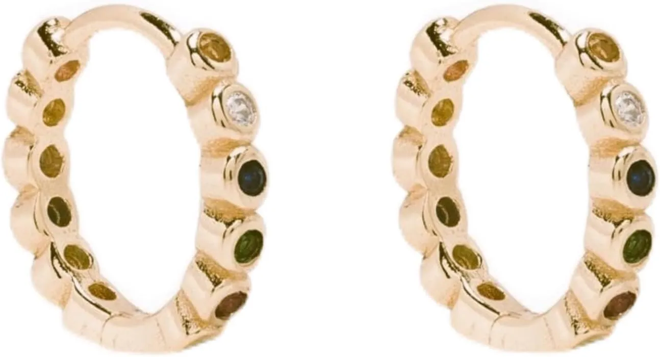 Bezel Multicolor Gemstone 0.60ct Huggie Earring, Small 14k Gold Vibrant Hoop, Colorful Everyday Jewelry, Gift for Her.