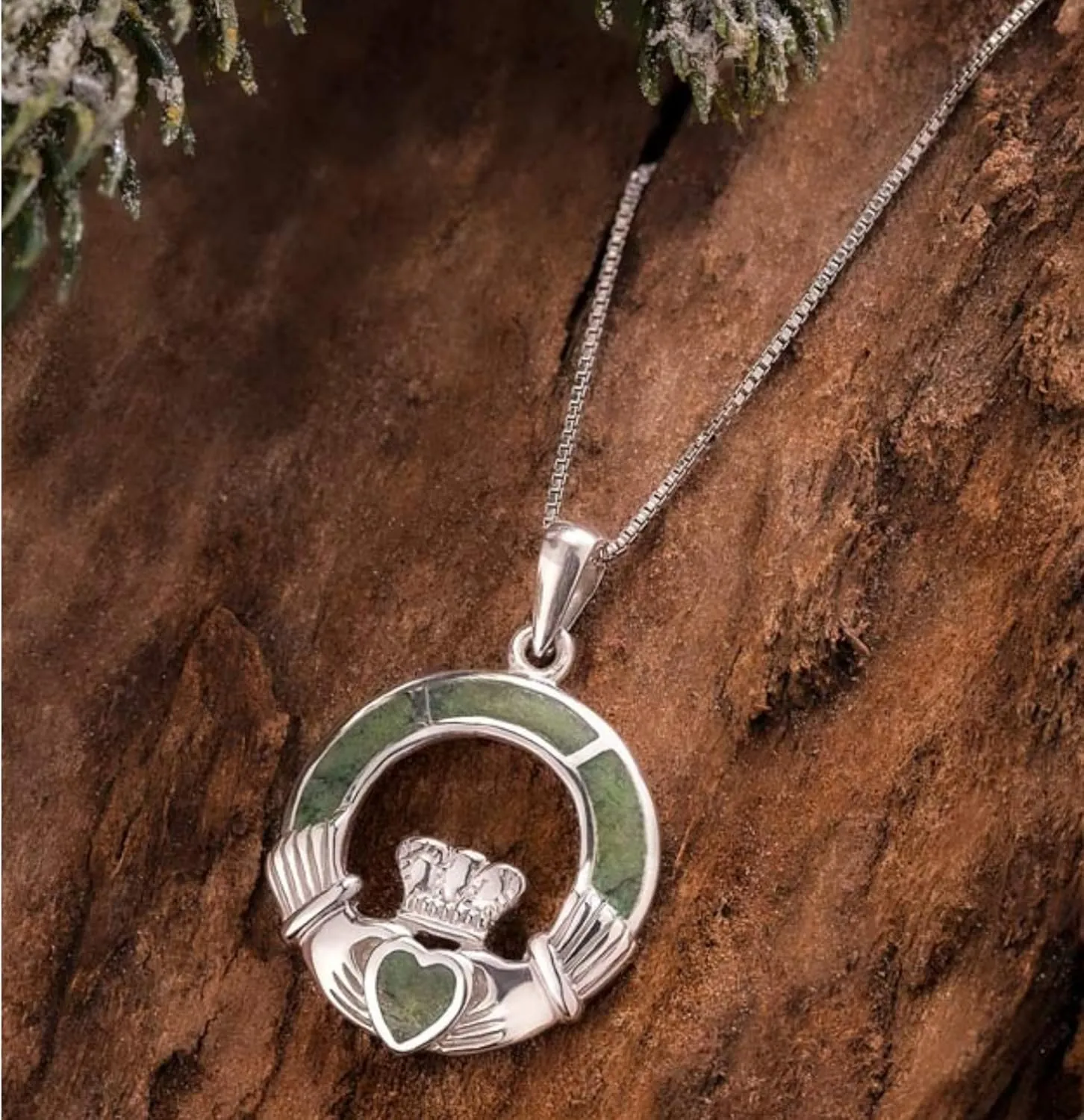 Biddy Murphy Authentic 925 Sterling Silver Irish Claddagh Necklace with Connemara Marble Inlay, Fine Celtic Jewelry for Women, 5/8" x 5/8" Inch Pendant, Imported from Ireland