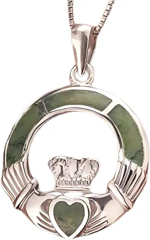 Biddy Murphy Authentic 925 Sterling Silver Irish Claddagh Necklace with Connemara Marble Inlay, Fine Celtic Jewelry for Women, 5/8" x 5/8" Inch Pendant, Imported from Ireland