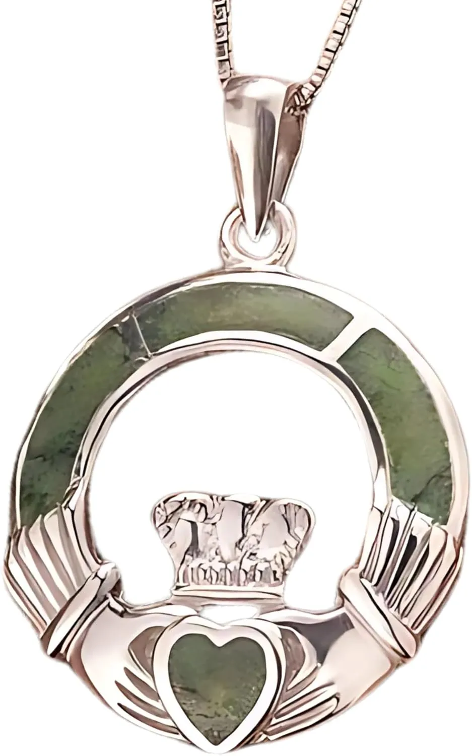 Biddy Murphy Authentic 925 Sterling Silver Irish Claddagh Necklace with Connemara Marble Inlay, Fine Celtic Jewelry for Women, 5/8" x 5/8" Inch Pendant, Imported from Ireland