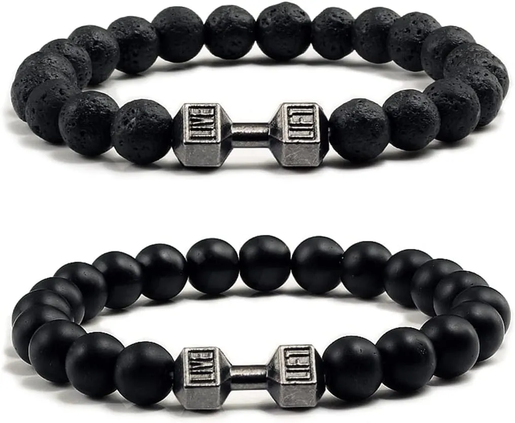 Black Dumbbell Bracelet for Men Gym Bros Bracelet Volcanic Lava Stone Adjustable Natural Stone Beads Bracelet Fitness Barbell Jewelry for Men